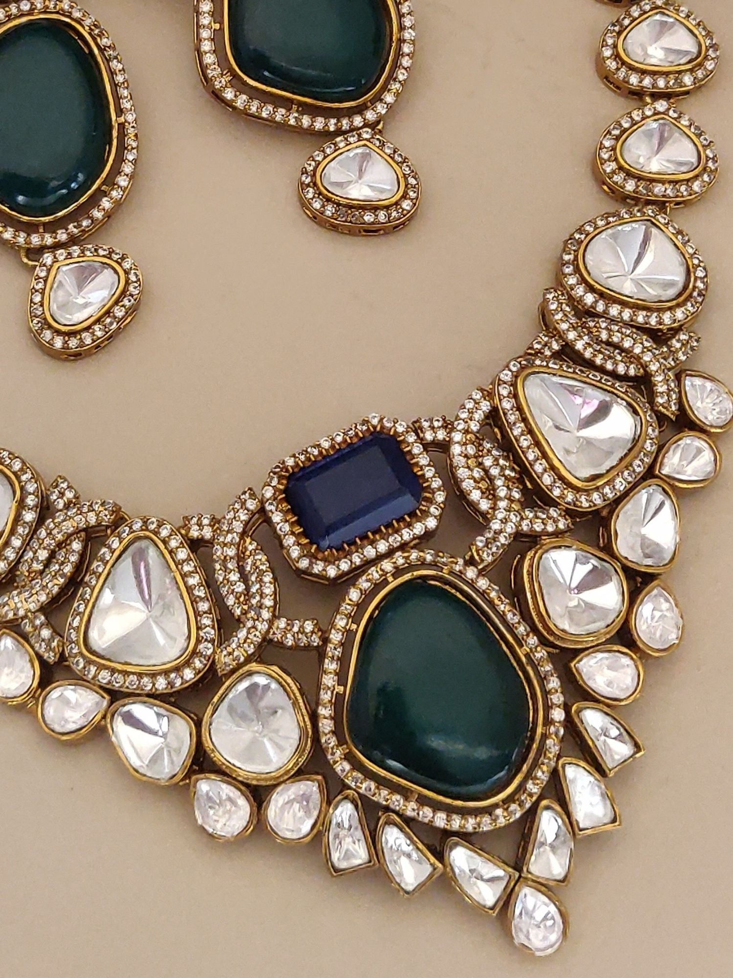 Abdesignsjewellery gold statement necklace with green and blue gems and clear crystals multi color stone necklace for women