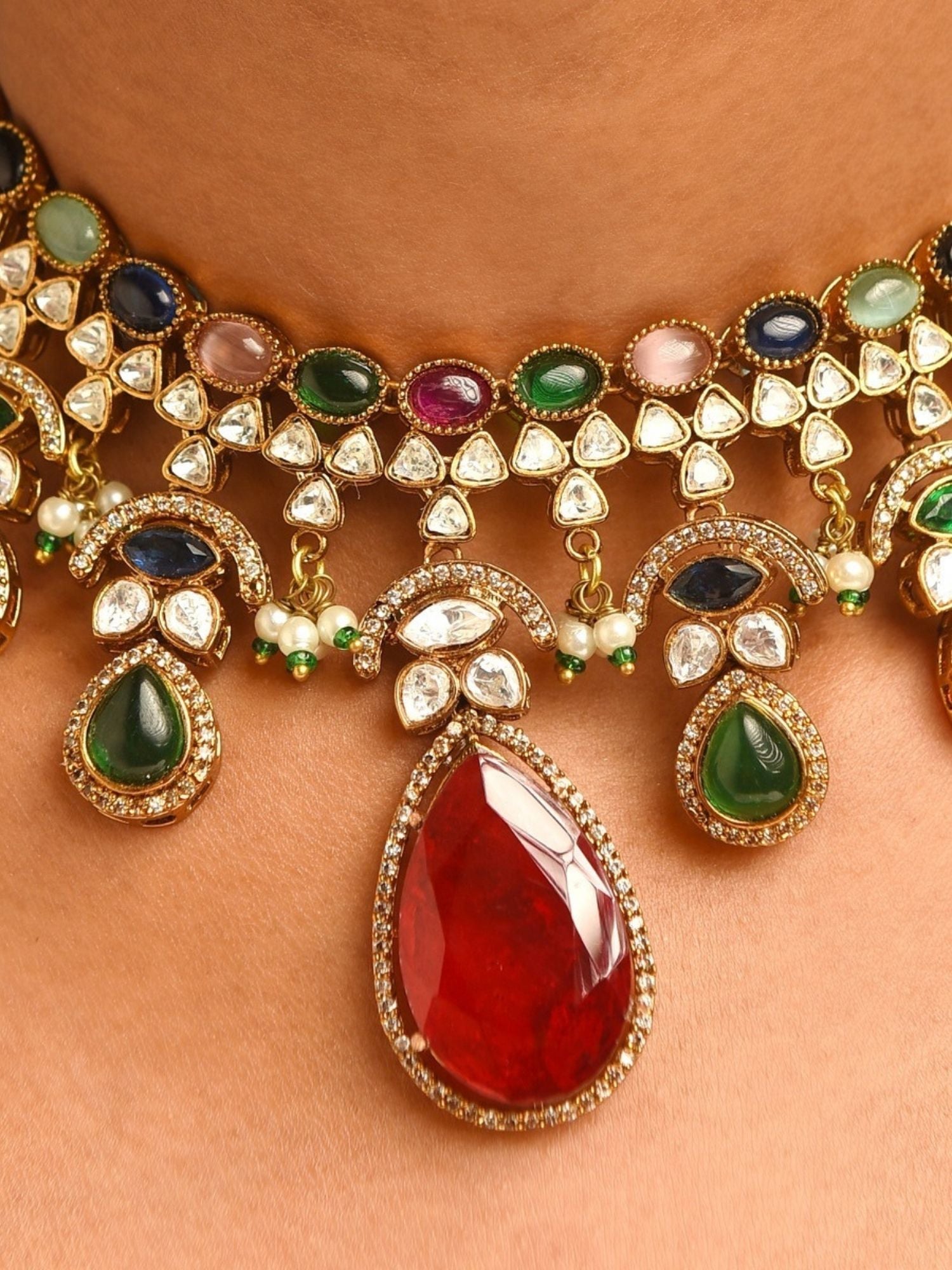 Abdesignsjewellery multicolor polki necklace set for women featuring large red teardrop pendant gold accents and pearls