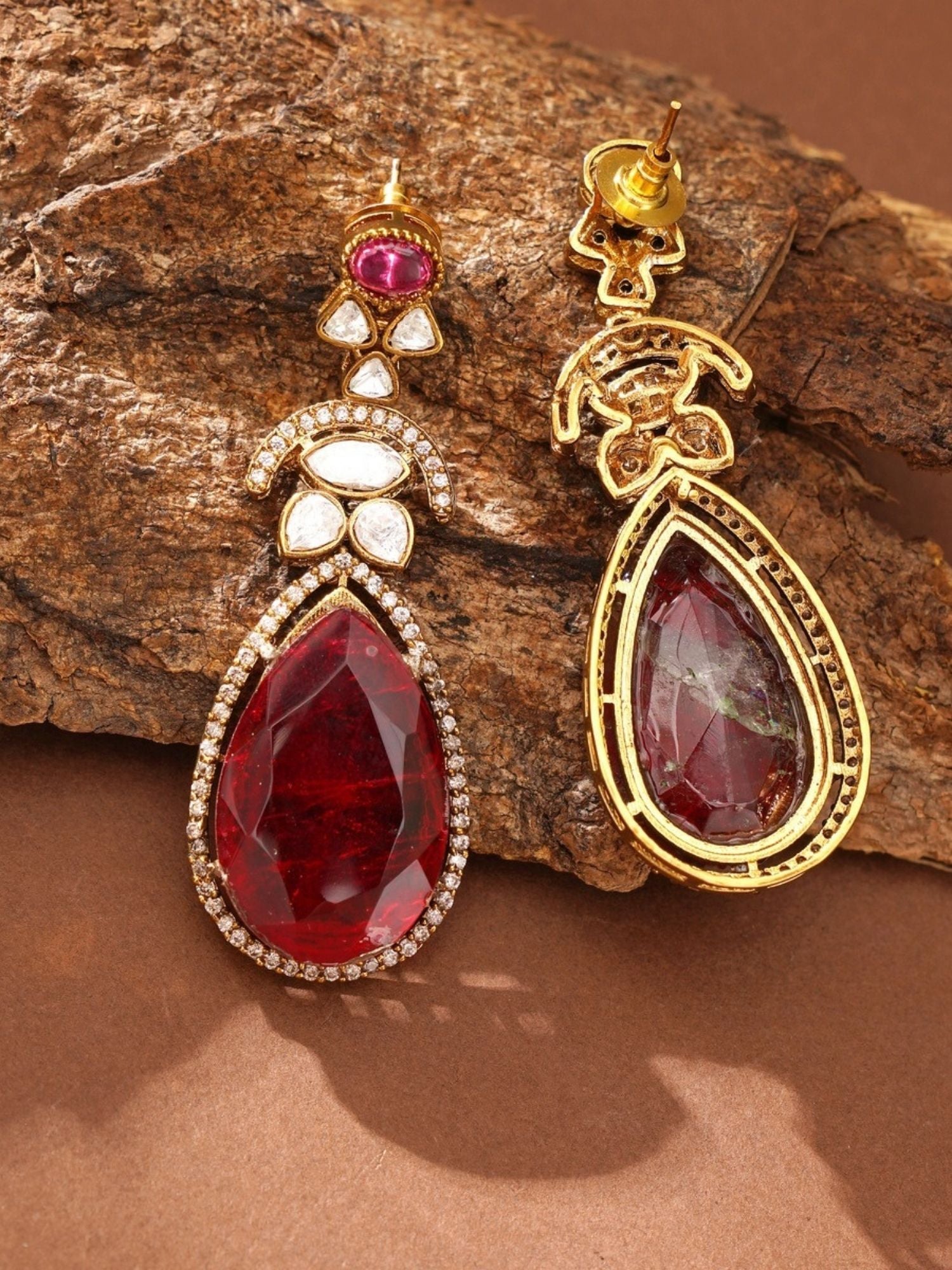 Abdesignsjewellery gold teardrop pendant with red polki stones and white accents multicolor polki necklace set for women