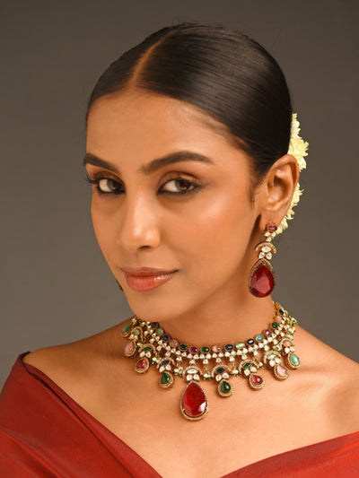 Abdesigns Multicolour Gold Plated Women Polki Necklace Set