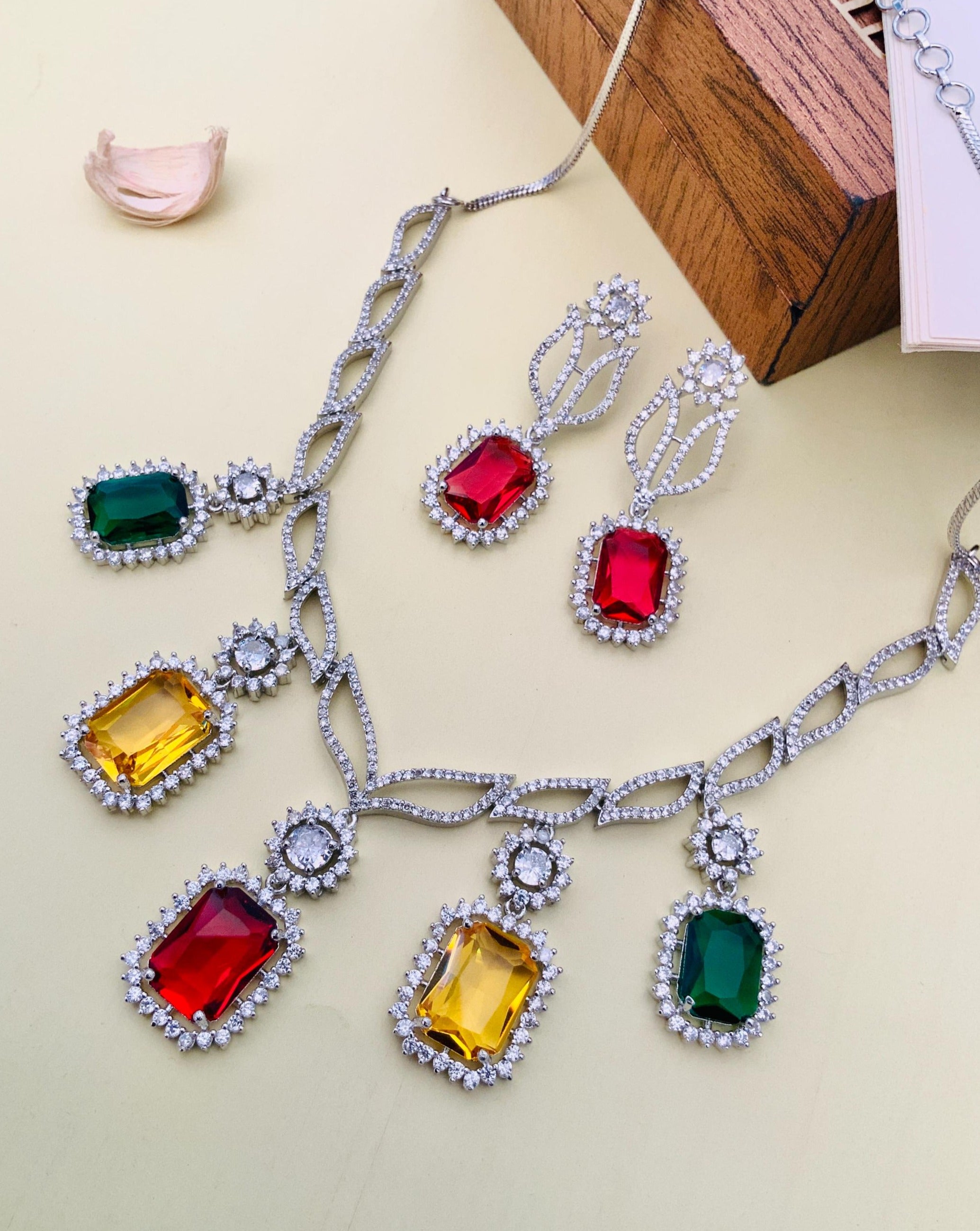 Abdesignsjewellery Multicolour Crystal American Diamond Necklace Set with vibrant red green and yellow stones