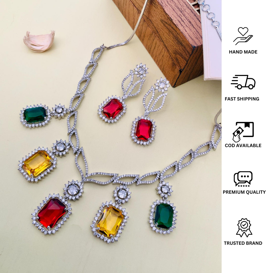 Multicolour Crystal American Diamond Necklace Set with colorful stones worn by woman in black dress