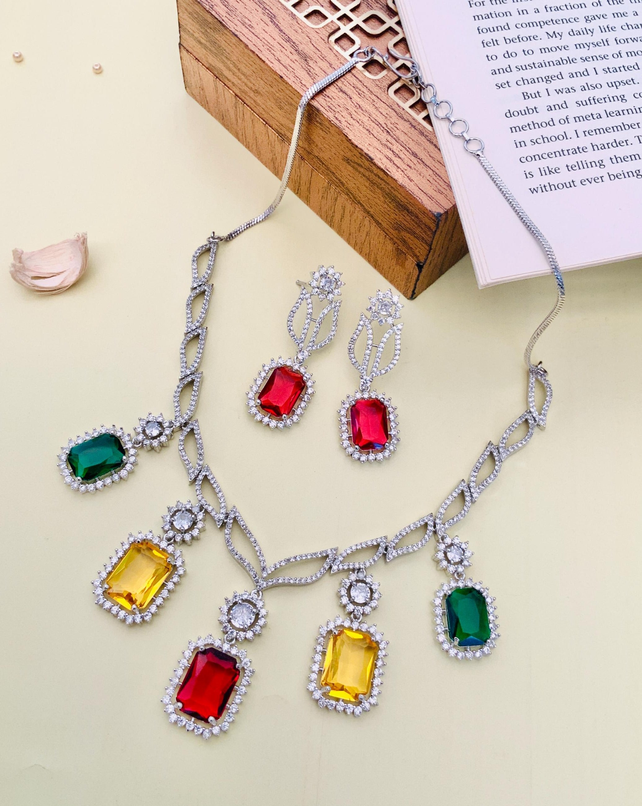Multicolour Crystal American Diamond Necklace Set by Abdesignsjewellery with red green and yellow stones
