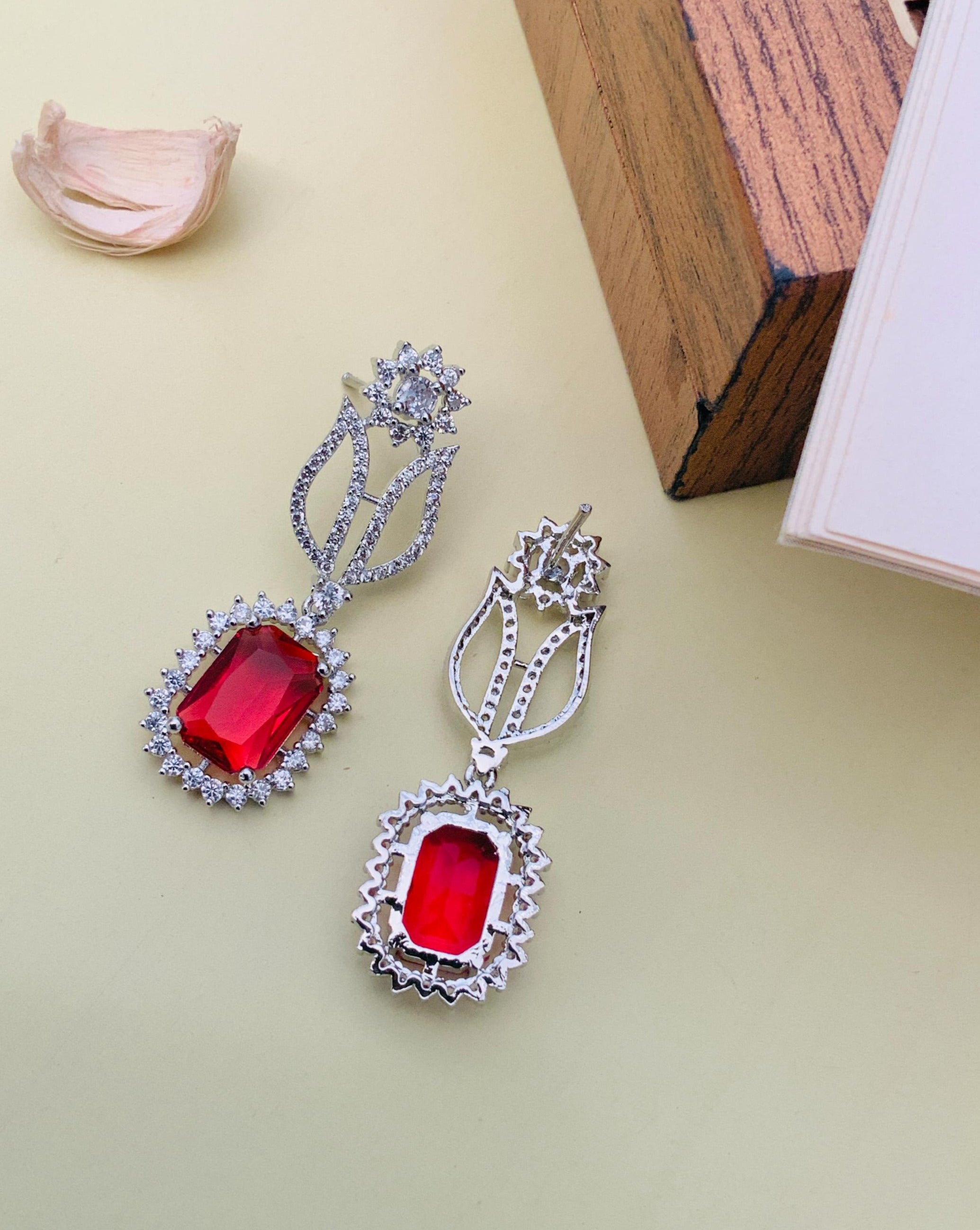 Multicolour Crystal American Diamond Necklace Set featuring red gemstones and intricate silver design