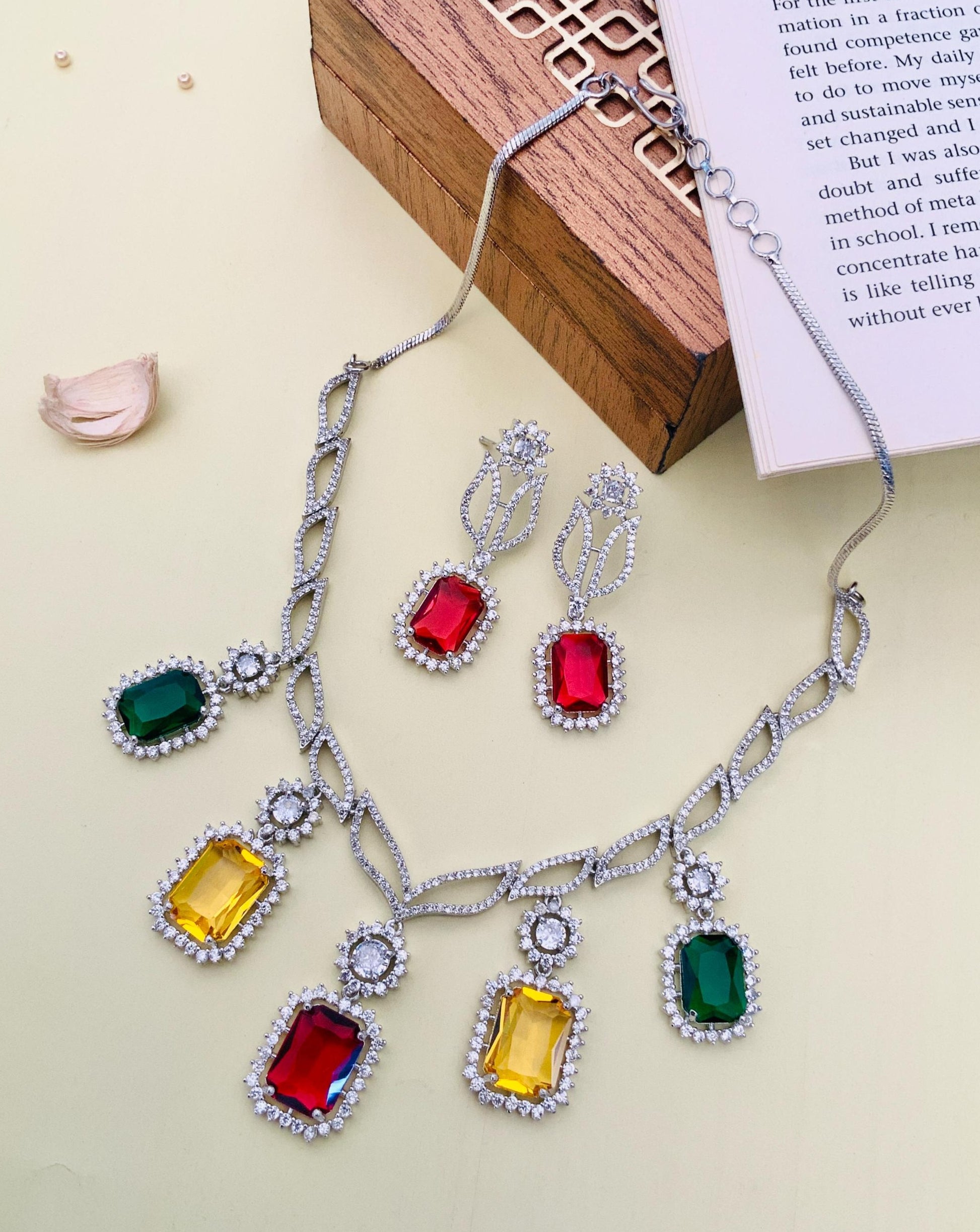 Multicolour Crystal American Diamond Necklace Set with red green and yellow stones by Abdesignsjewellery