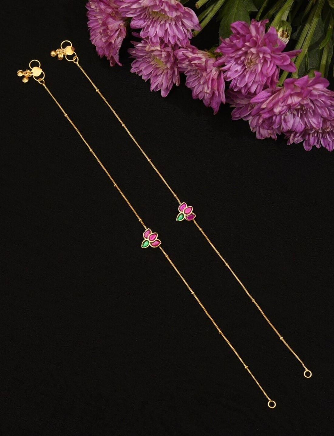Multicolour Lotus Kemp Stone Anklets on feet with gold chain and floral design by Abdesignsjewellery