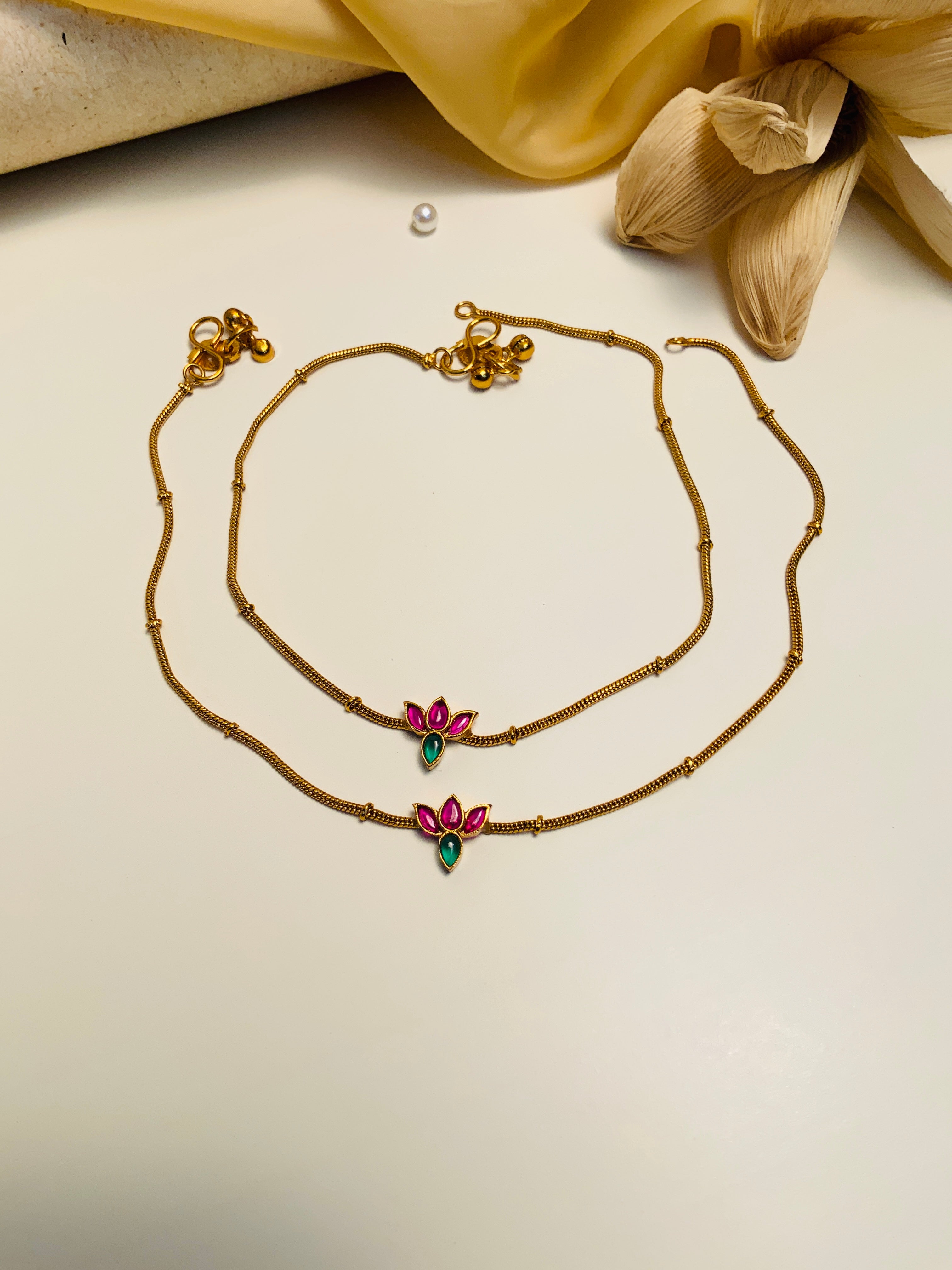Multicolour Lotus Kemp Stone Anklets with gold-tone chain and vibrant lotus stone charm