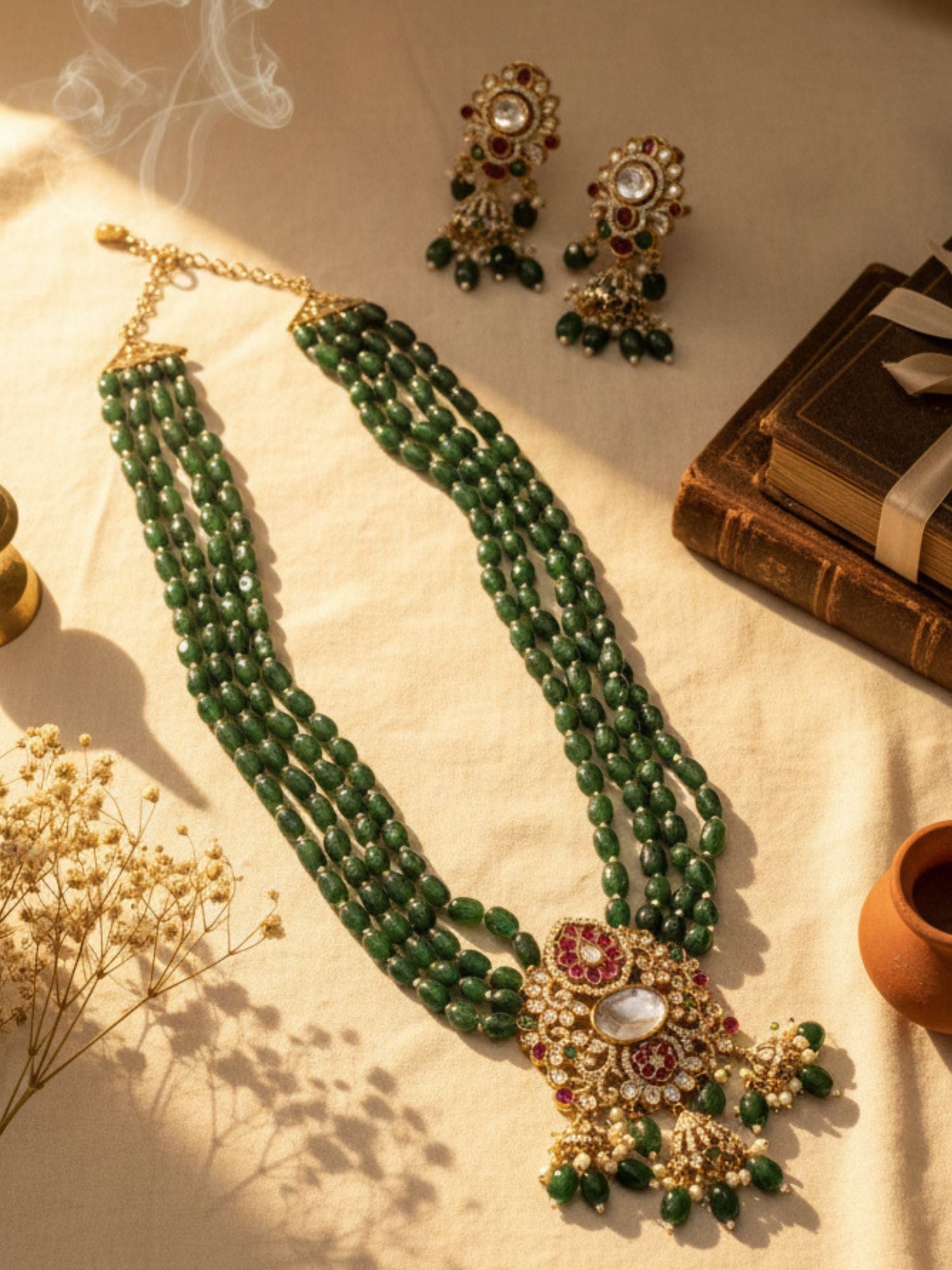 Elegant necklace emerald featuring multiple strands and ornate metalwork with a colorful centerpiece