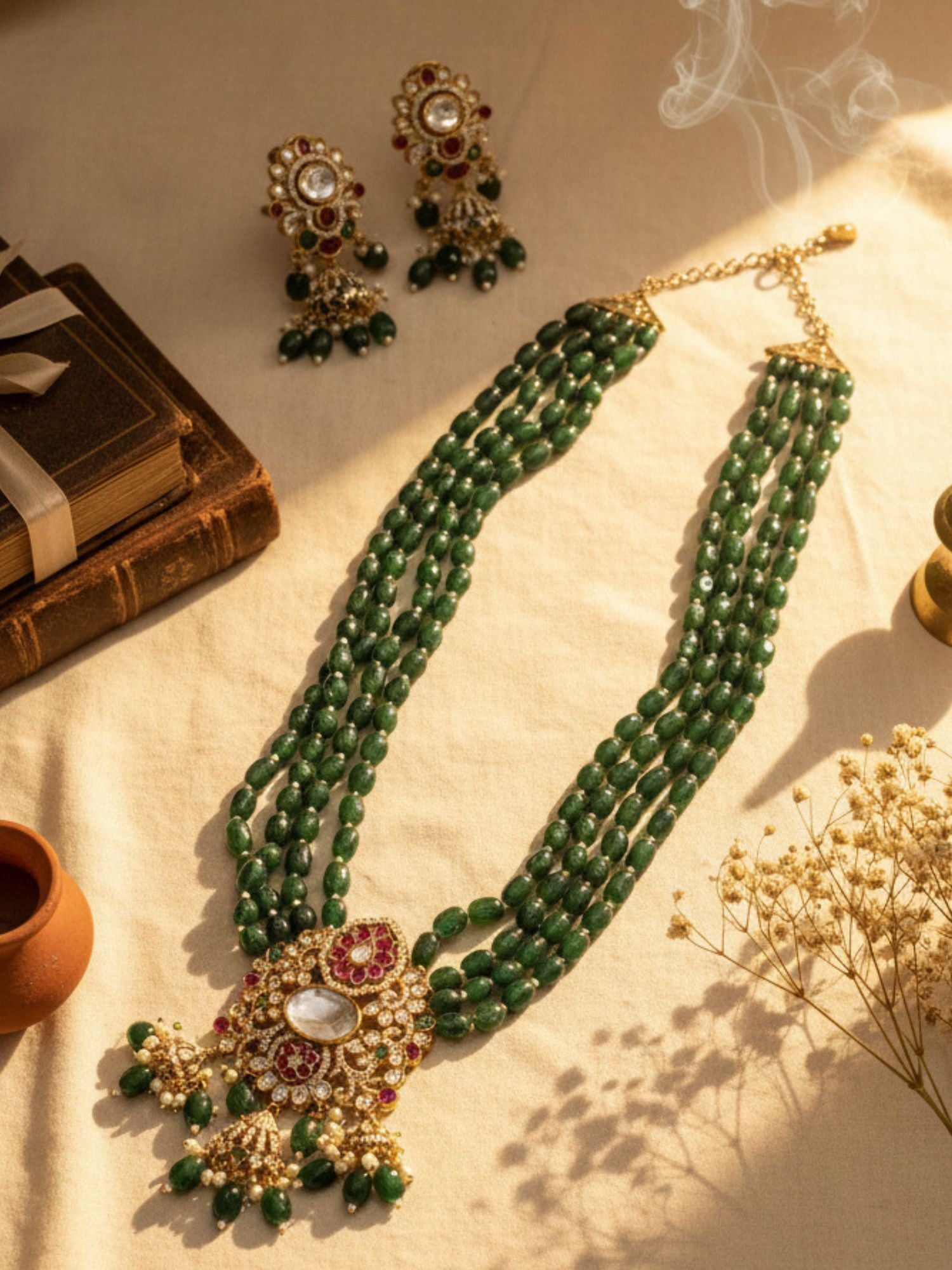 Traditional necklace emerald with layered green beads and decorative pendant for elegant styling