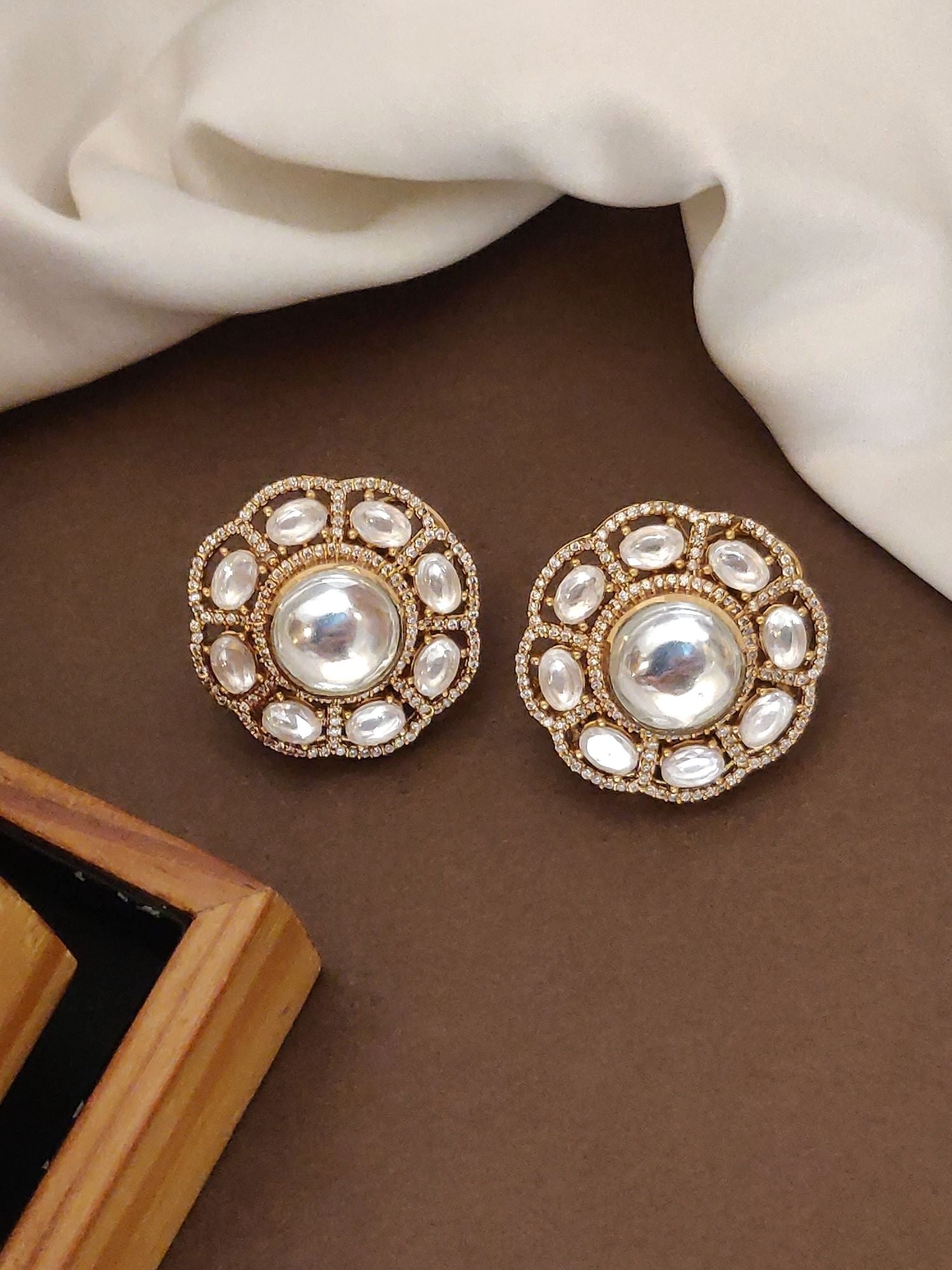 Abdesignsjewellery oversize polki earrings round gold plated studs with central dome polki and surrounding oval stones