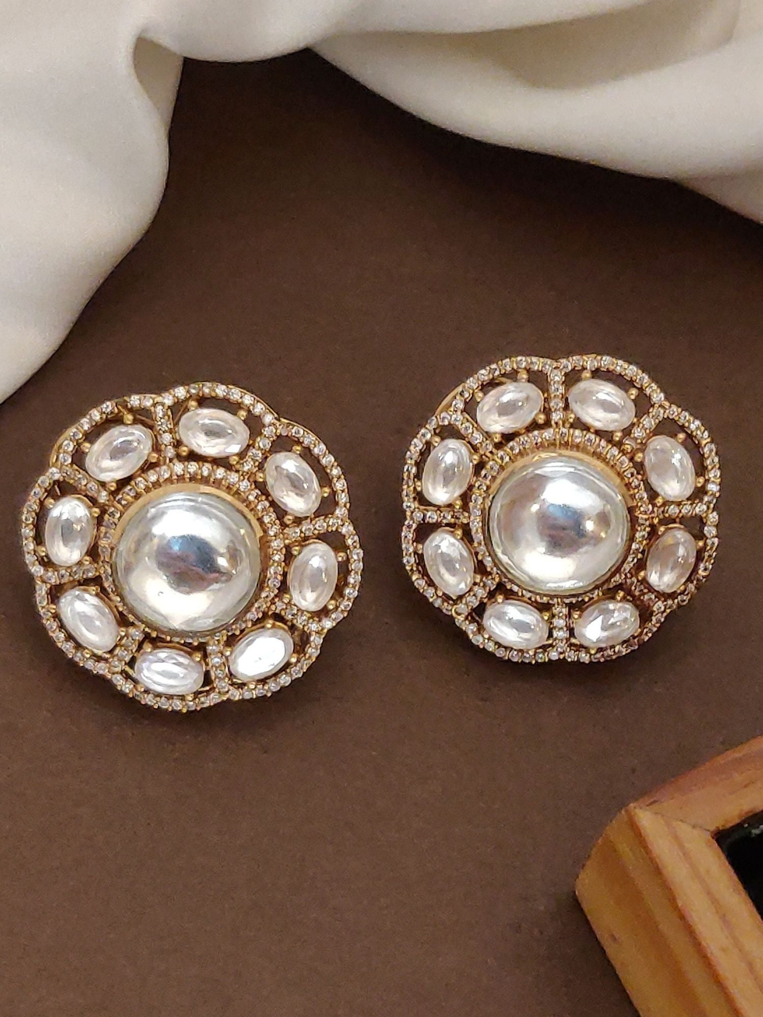 Abdesignsjewellery oversize polki earrings round gold floral studs with central domed mirror and surrounding polki stones