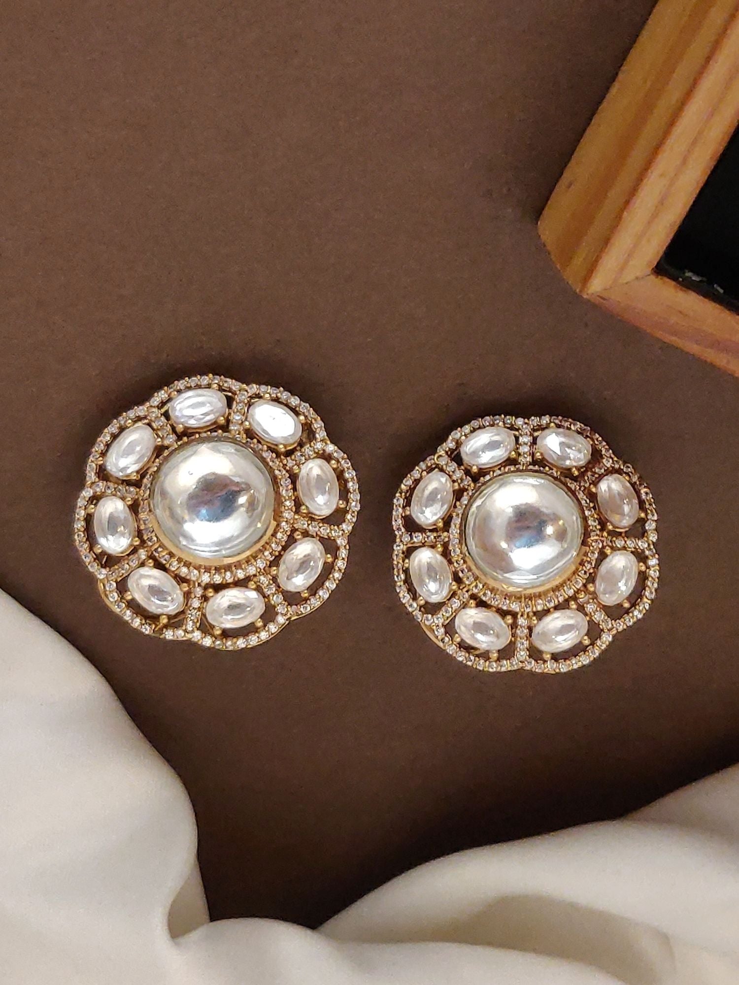 Abdesignsjewellery oversize polki earrings round gold tone studs with central dome and surrounding polki stones