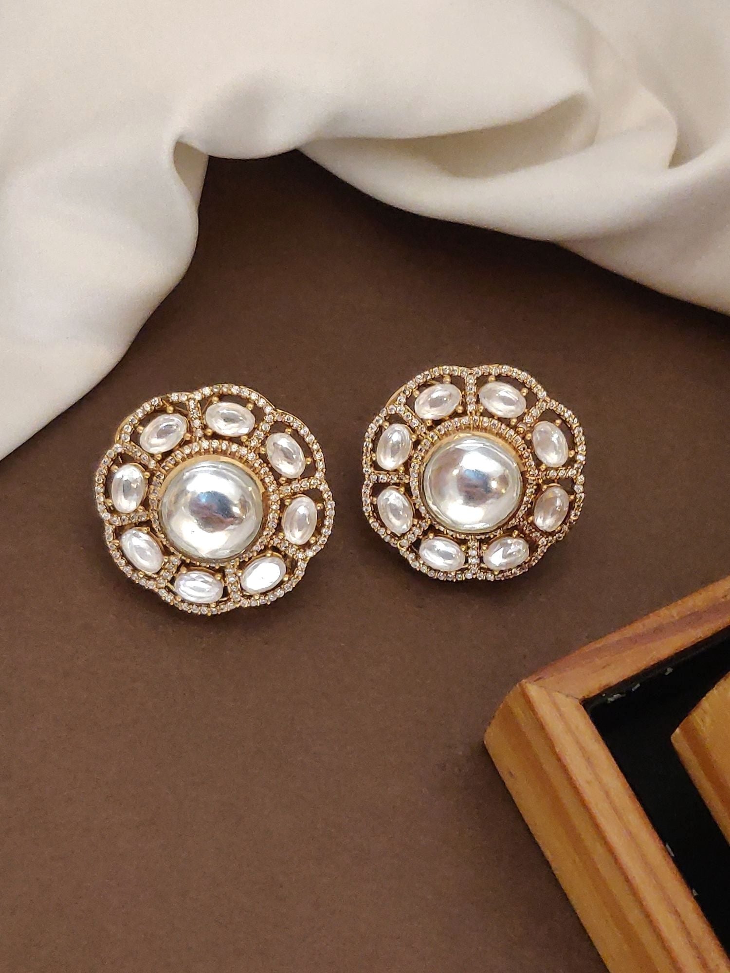 Abdesignsjewellery oversize polki earrings gold tone round studs with central dome and surrounding stones