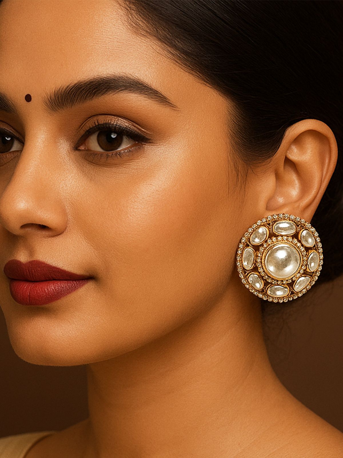 Abdesignsjewellery oversize polki earrings round gold statement earring with central polki and pearl accents on model