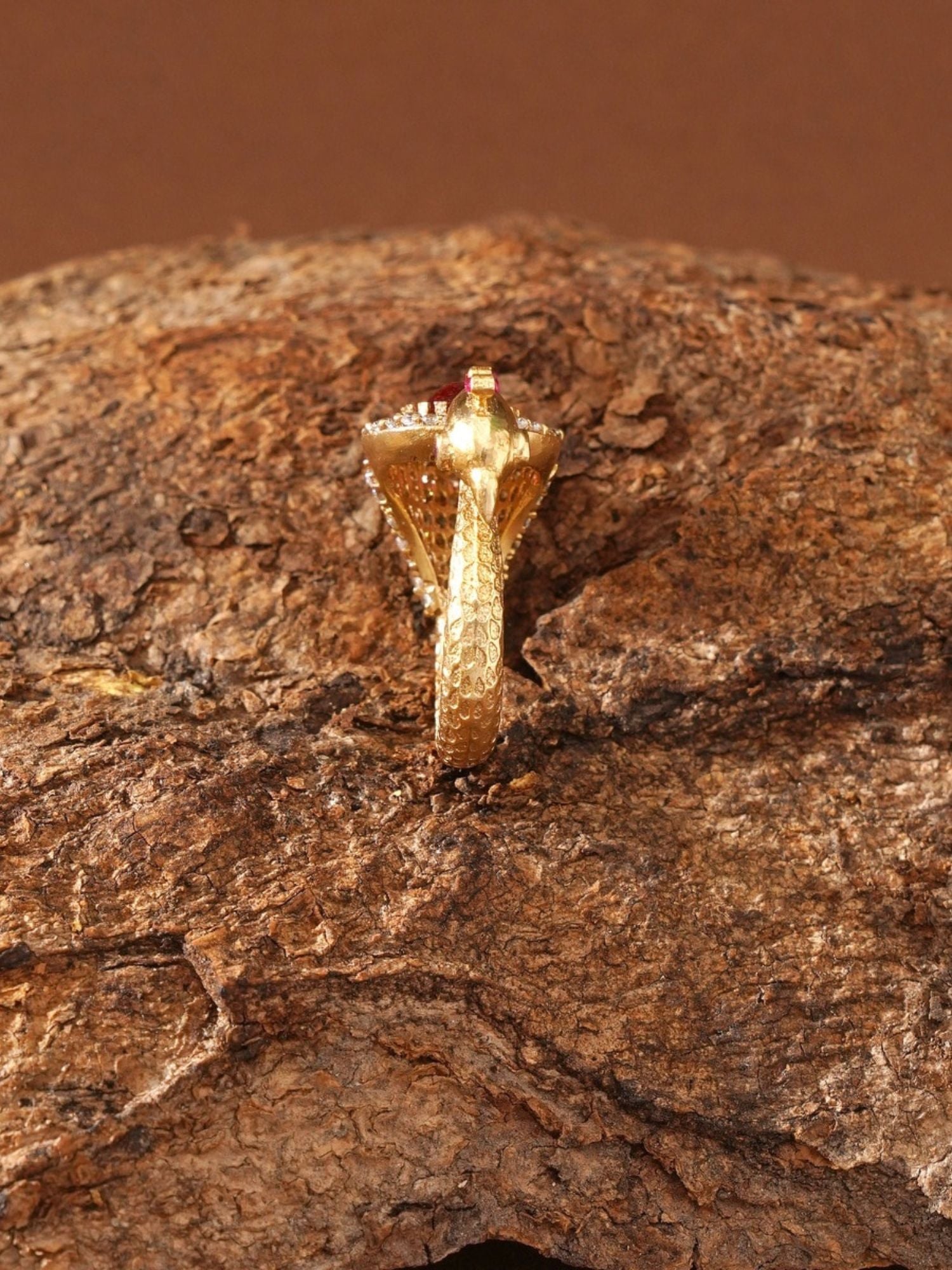 Abdesignsjewellery peacock gold plated kundan ring with intricate peacock motif and textured gold band