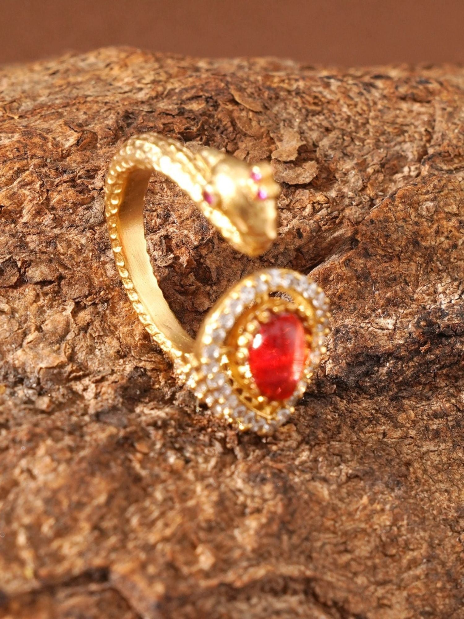 Abdesignsjewellery peacock gold plated kundan ring with red center stone and crystal halo