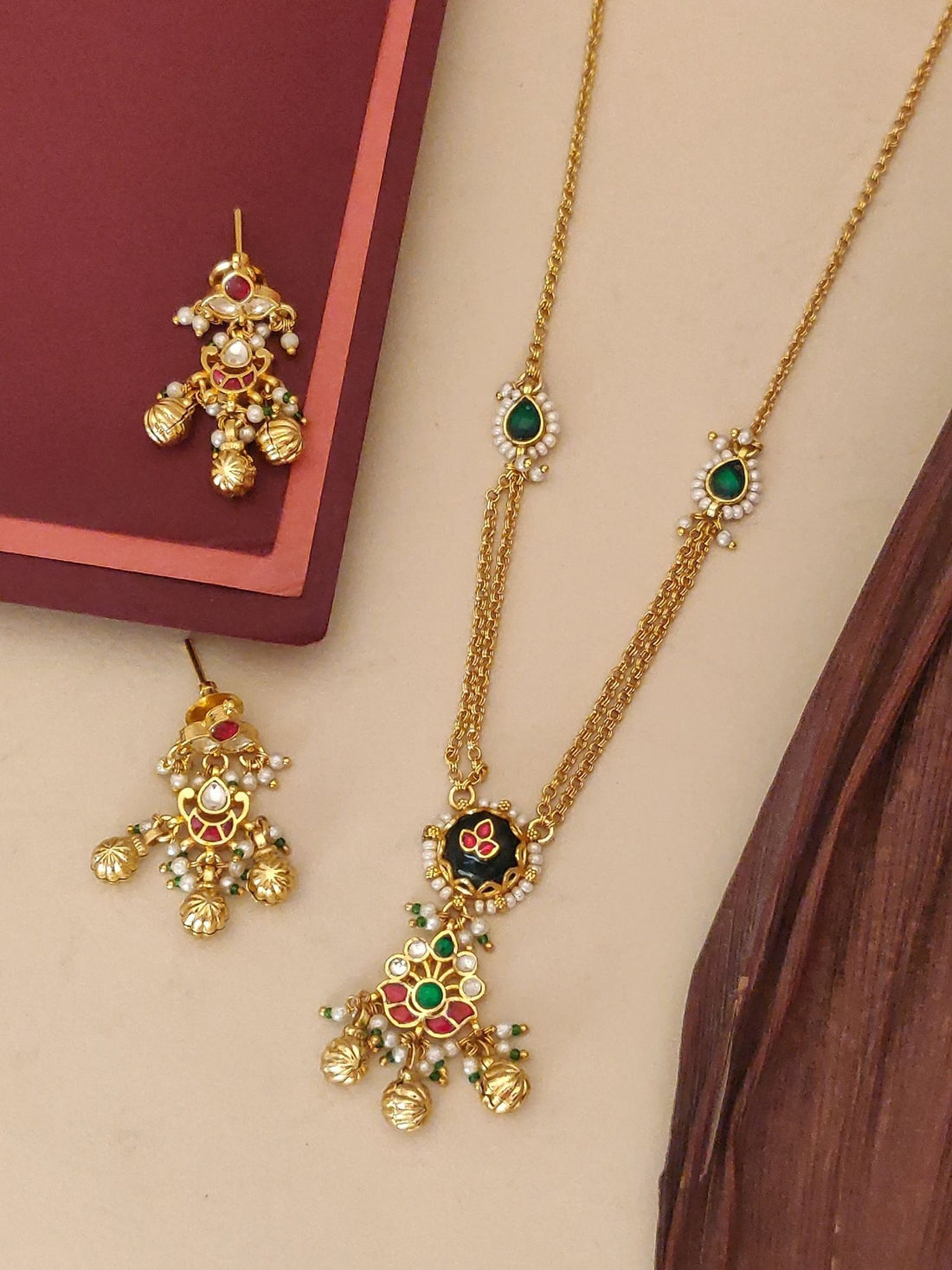 Abdesignsjewellery gold pearl and gemstone pendant chain with red and green enamel motifs and matching earrings