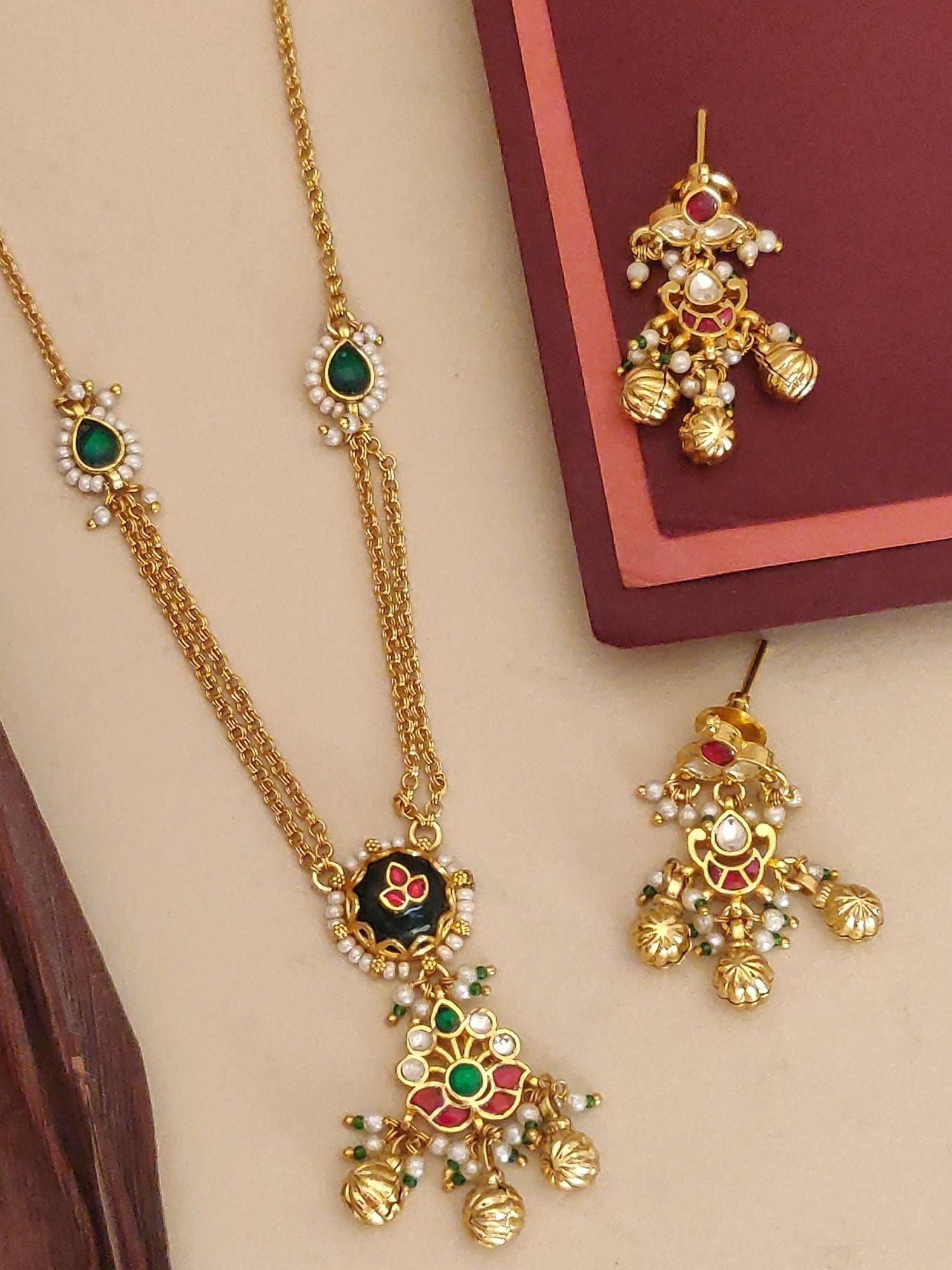Abdesignsjewellery gold pearl and gemstone pendant chain with red and green enamel and matching jhumka earrings