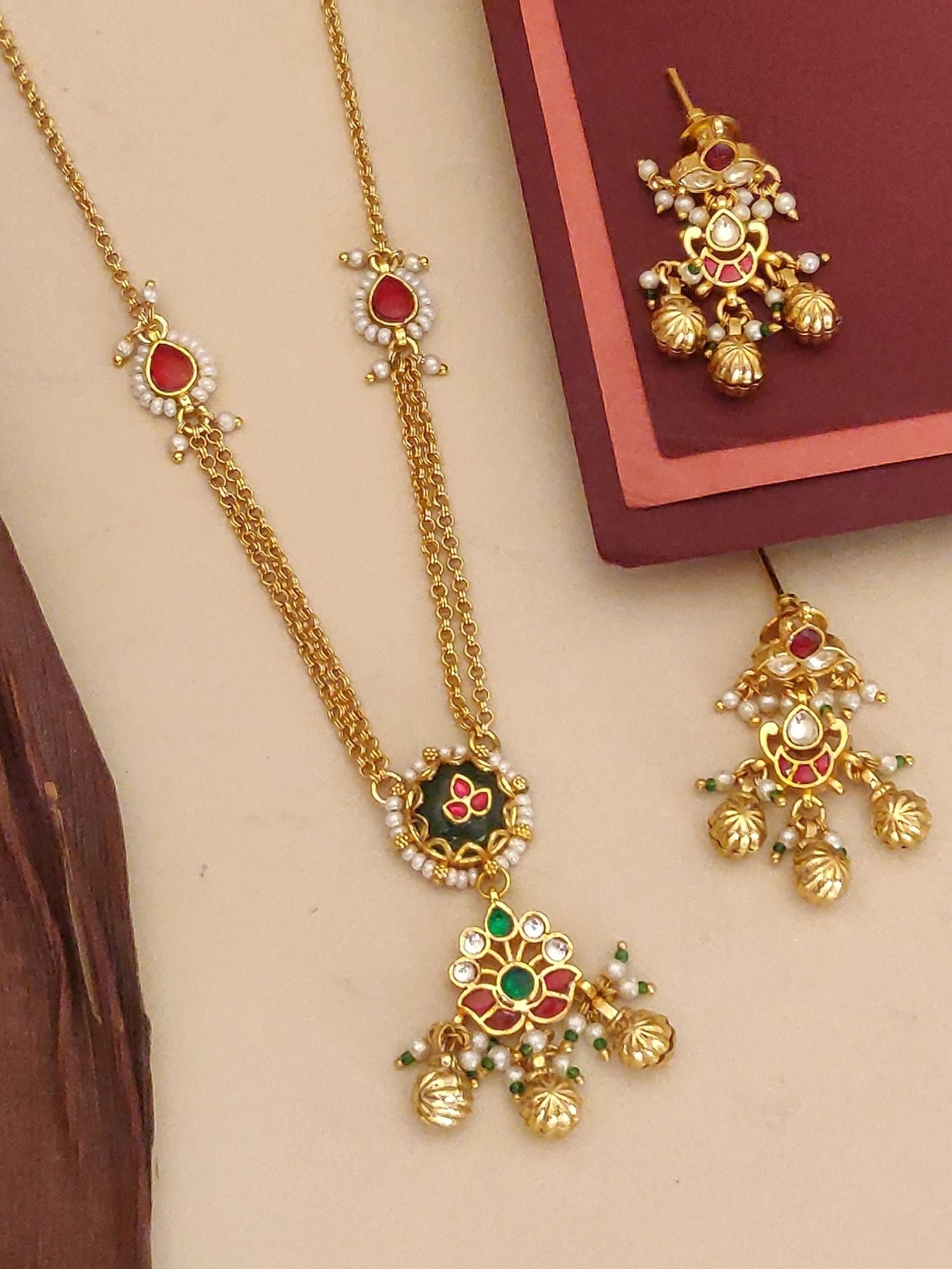 Abdesignsjewellery gold pearl and gemstone pendant chain with green and red enamel floral pendant and jhumka charms
