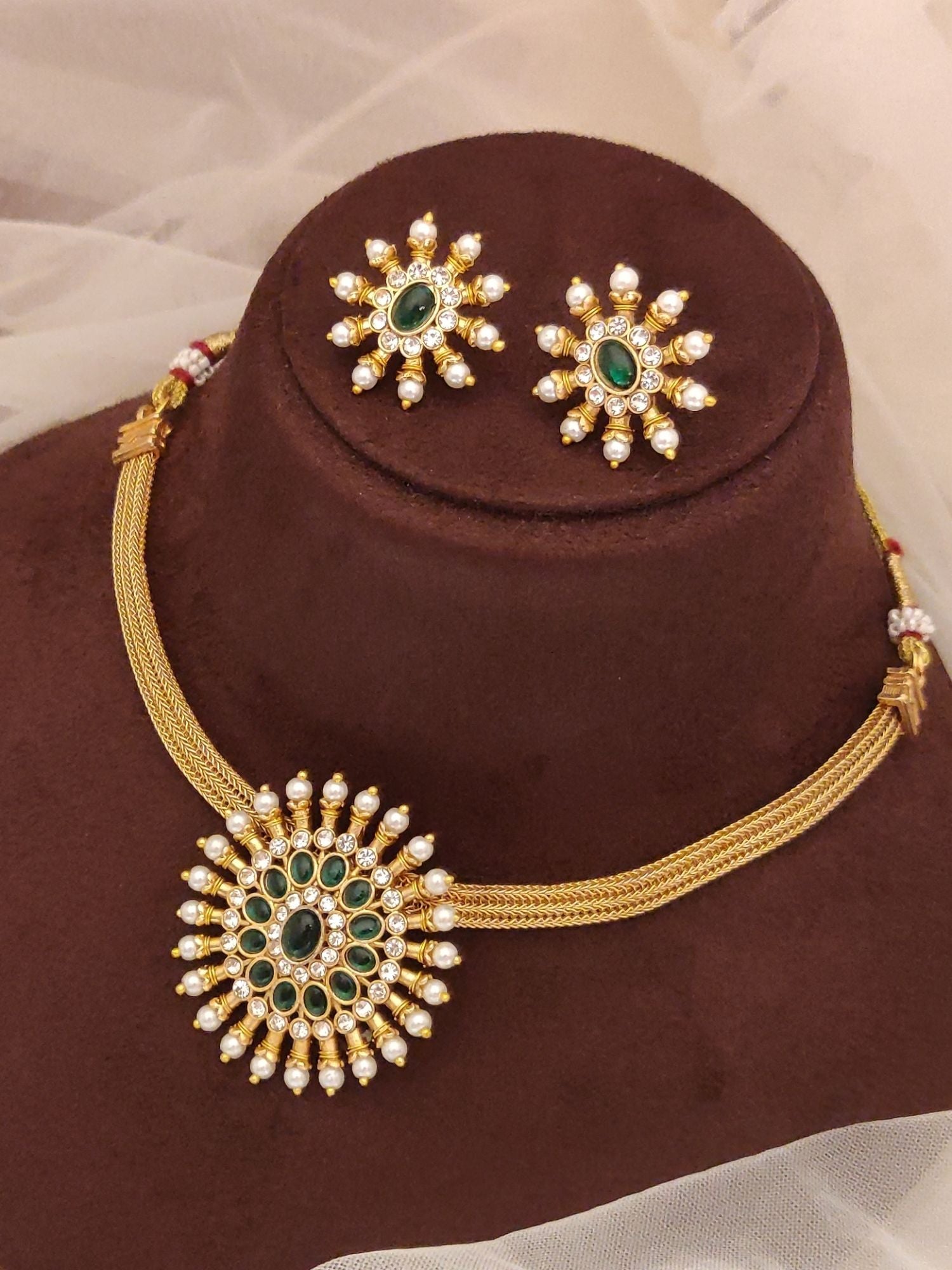 Abdesignsjewellery pearl and green stone pendant set gold sunburst necklace with matching stud earrings