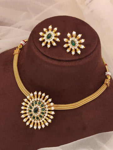 Abdesignsjewellery pearl and green stone pendant set gold sunburst necklace with matching stud earrings