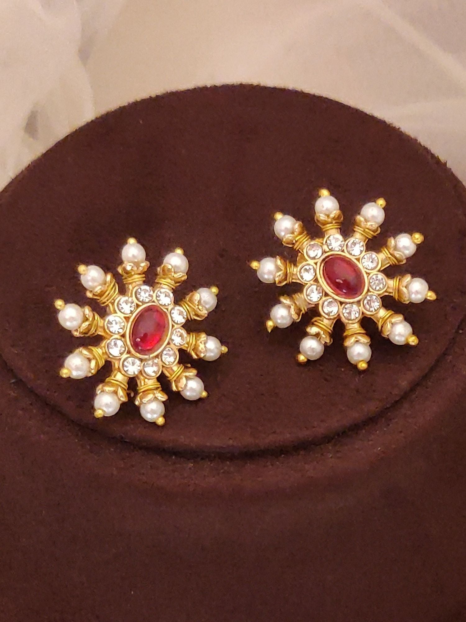 Abdesignsjewellery gold floral pendants with pearl accents and red center stone pearl and green stone pendant set