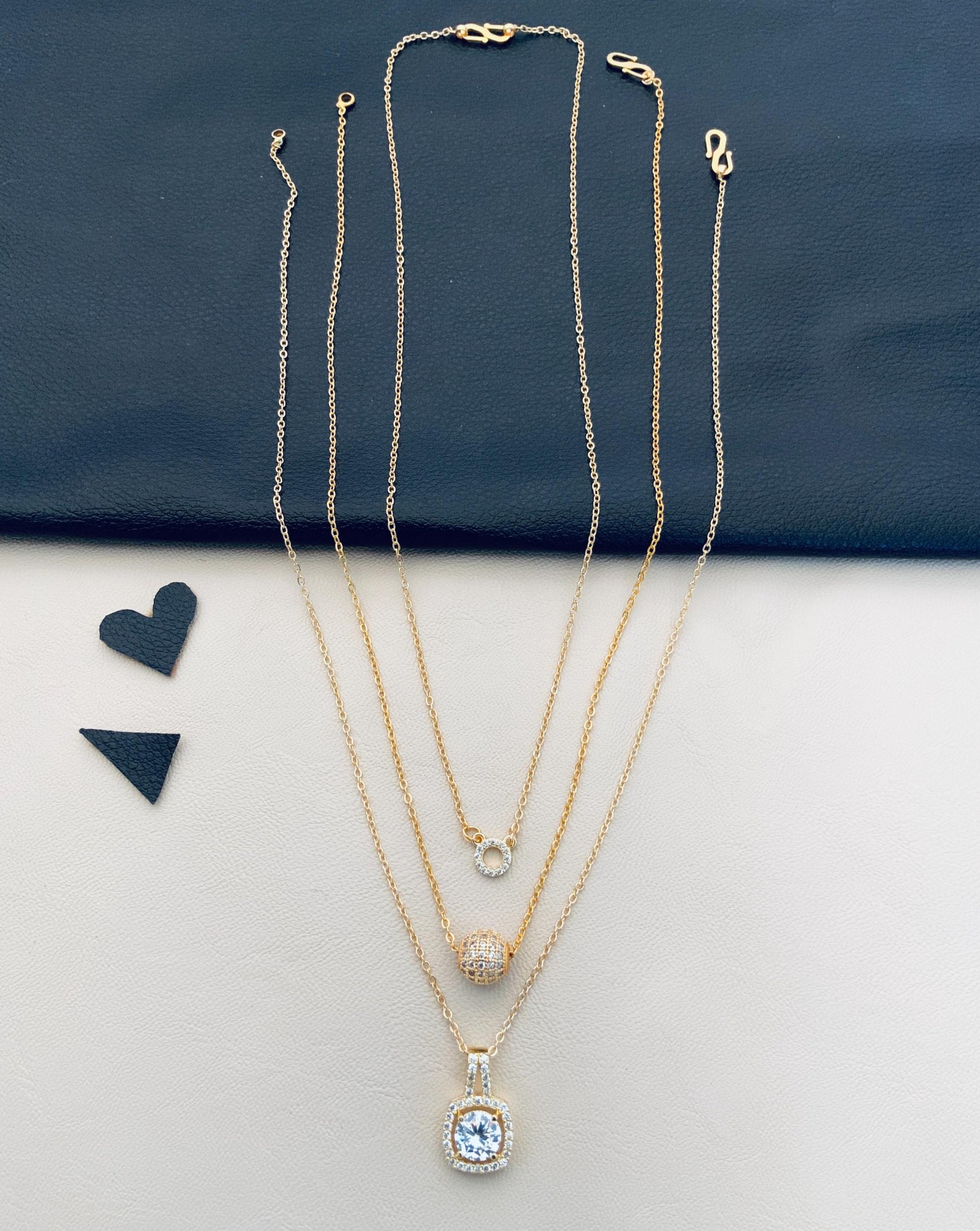 Layered gold pendents set three chains with crystal halo and bead pendants penents daily wear fashion jewelry combo