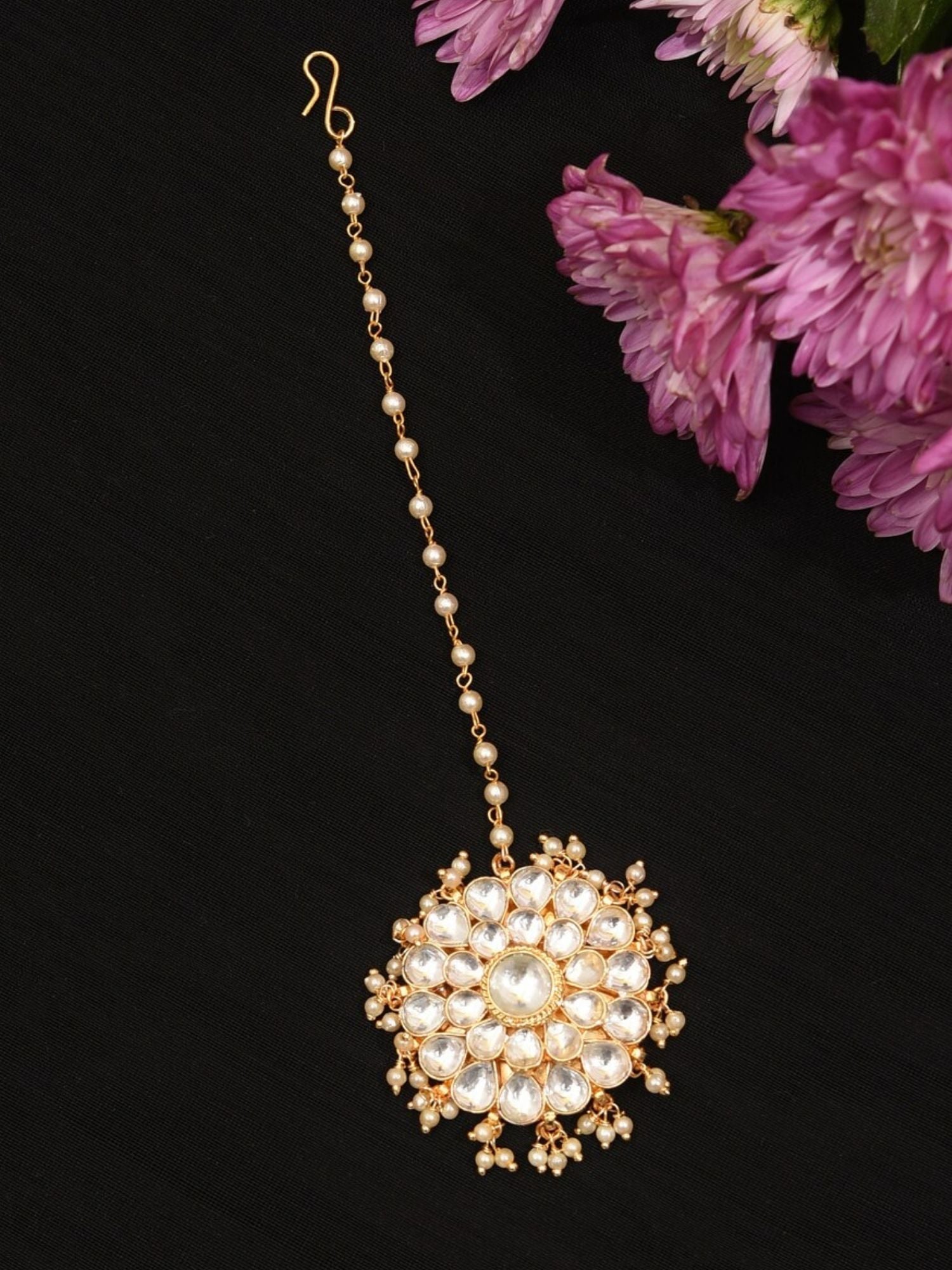 Polki Kundan Maangtikka with intricate white stone floral design and pearl chain from Abdesignsjewellery