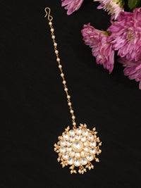 Thumbnail for Polki Kundan Maangtikka with intricate white stone floral design and pearl chain from Abdesignsjewellery