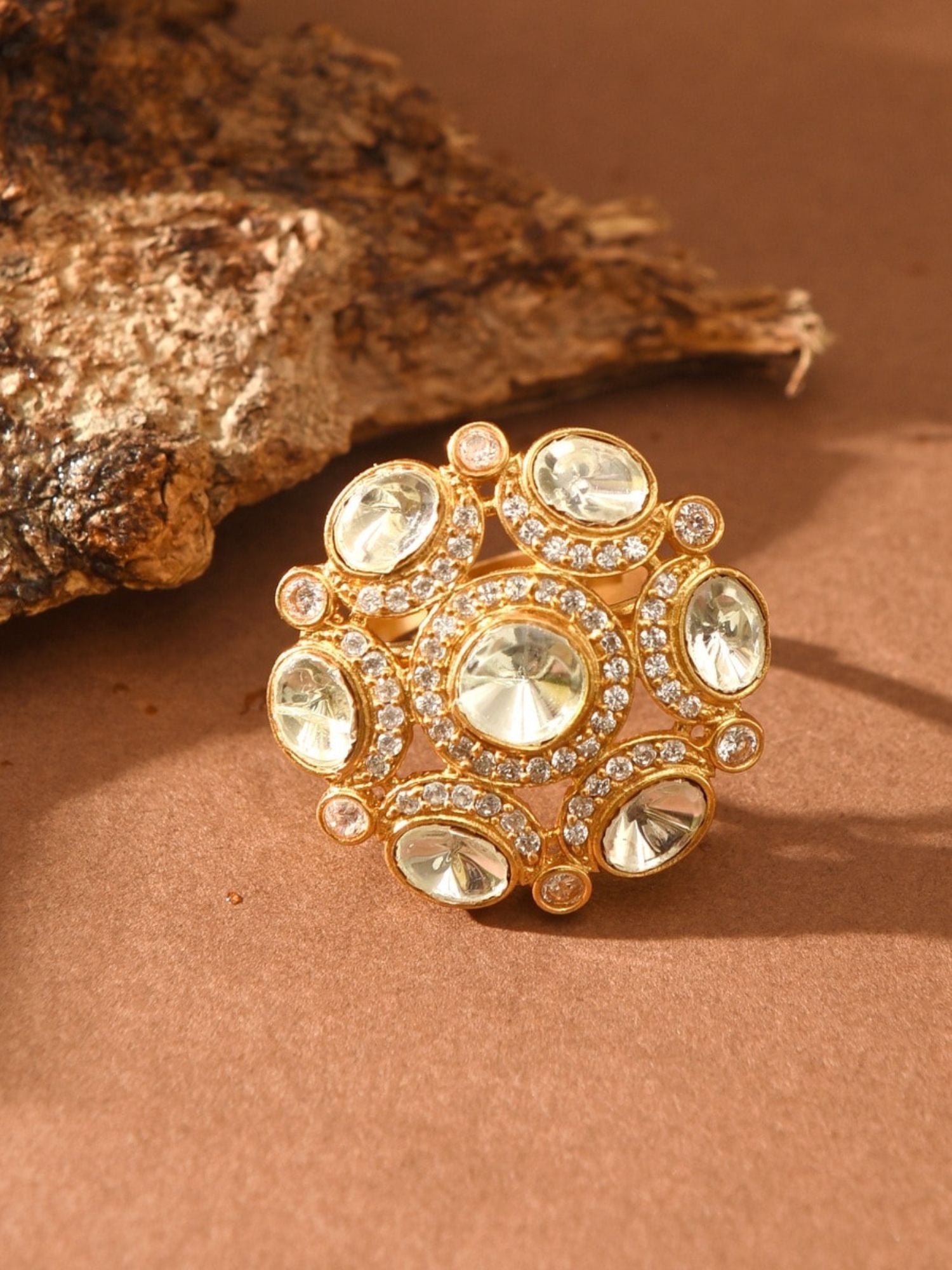 Abdesignsjewellery Polki Kundan ring gold plated ornate round cocktail ring with clear stones and crystal accents