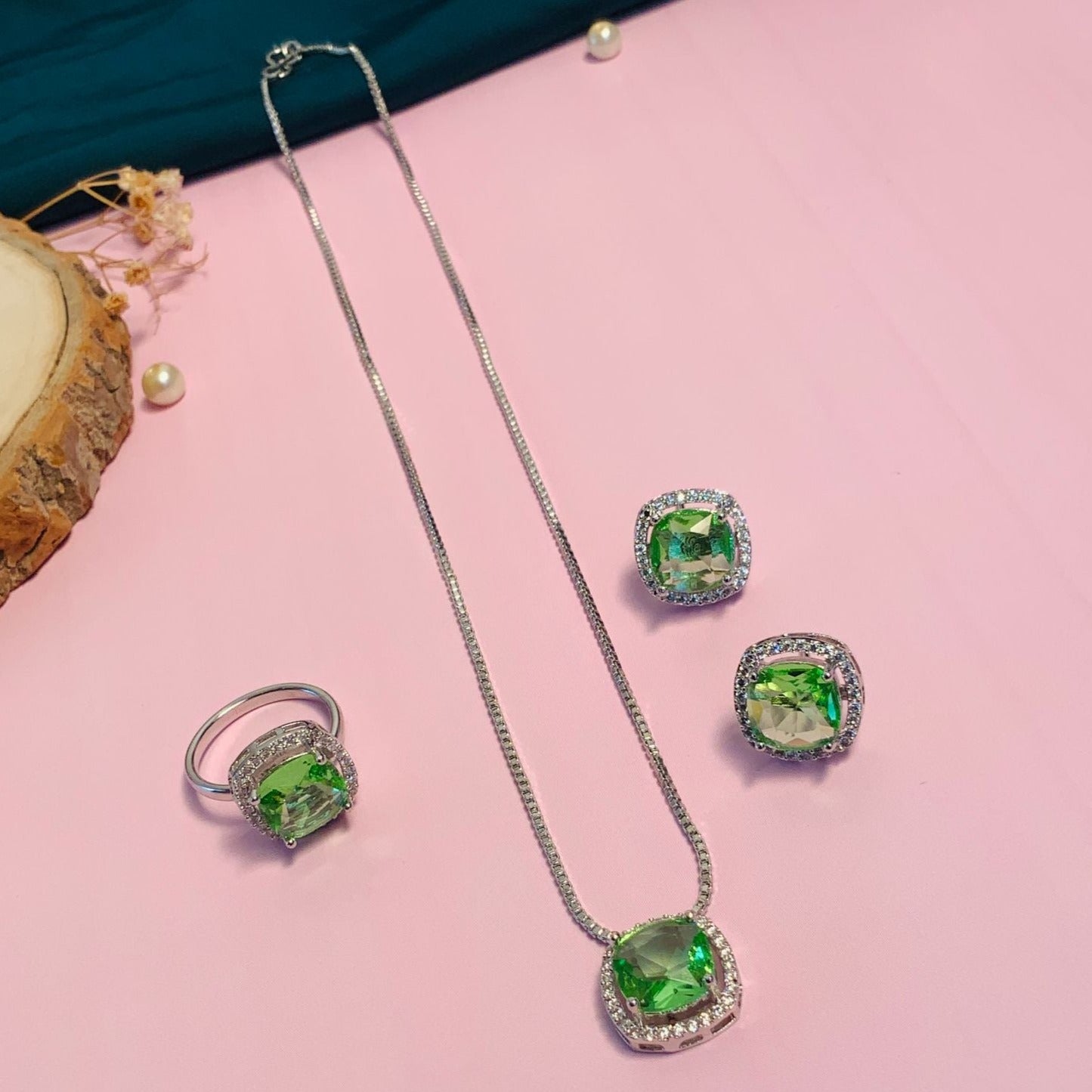 Precious Silver Plated Cz Pendant Chain Combo with green gemstone ring earrings and necklace set