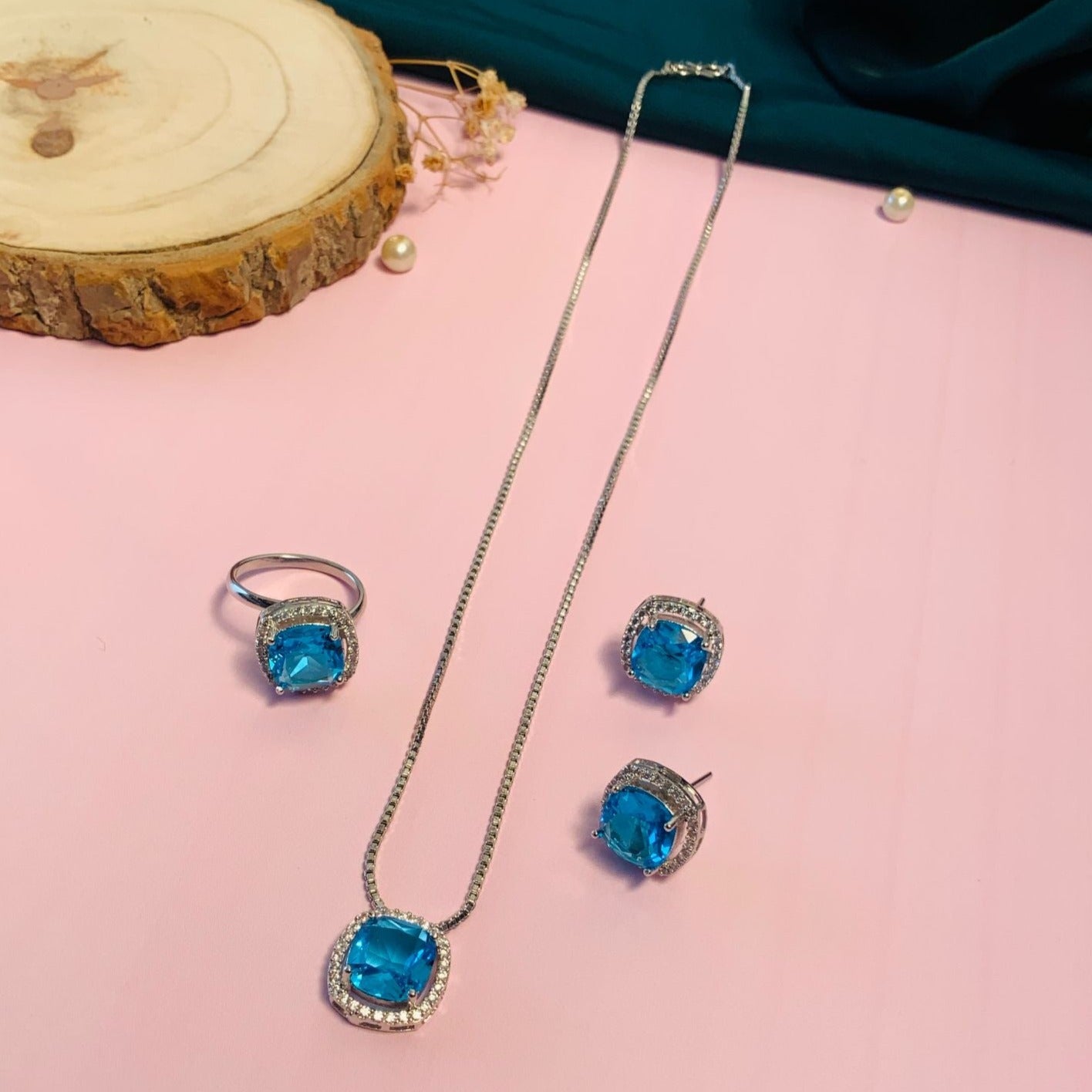 Precious Silver Plated Cz Pendant Chain Combo with blue stones including necklace ring and earrings set