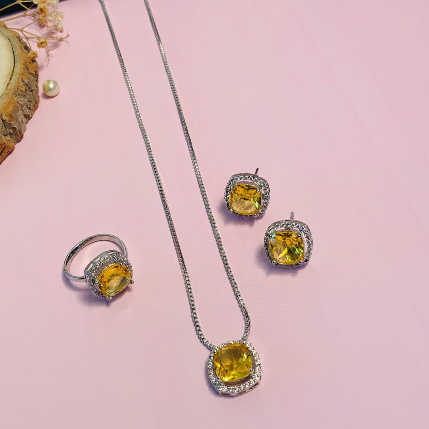 Precious Silver Plated Cz Pendant Chain Combo featuring yellow gemstone necklace, earrings, and ring set by Abdesignsjewellery