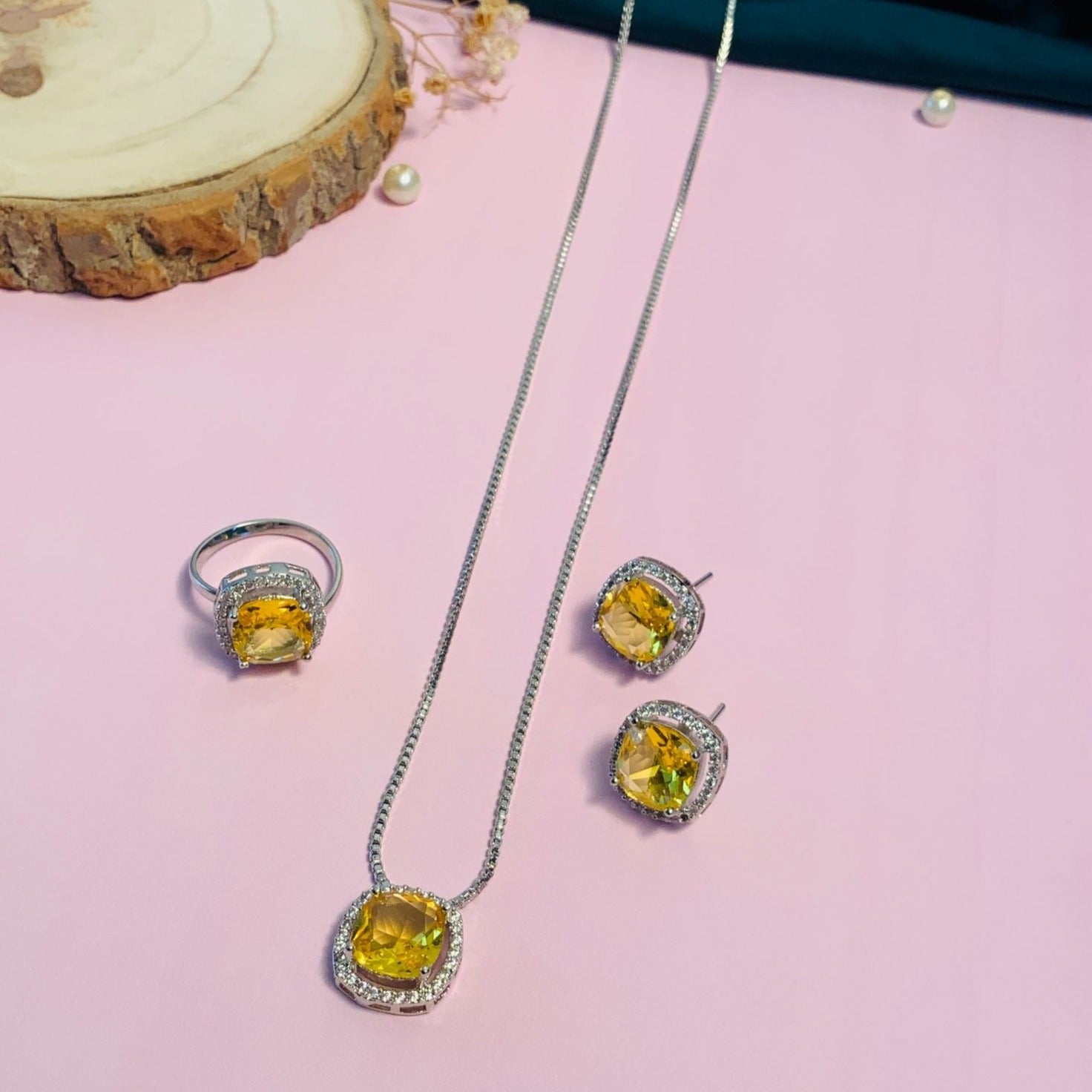 Precious Silver Plated Cz Pendant Chain Combo with yellow gemstone necklace ring and earrings set