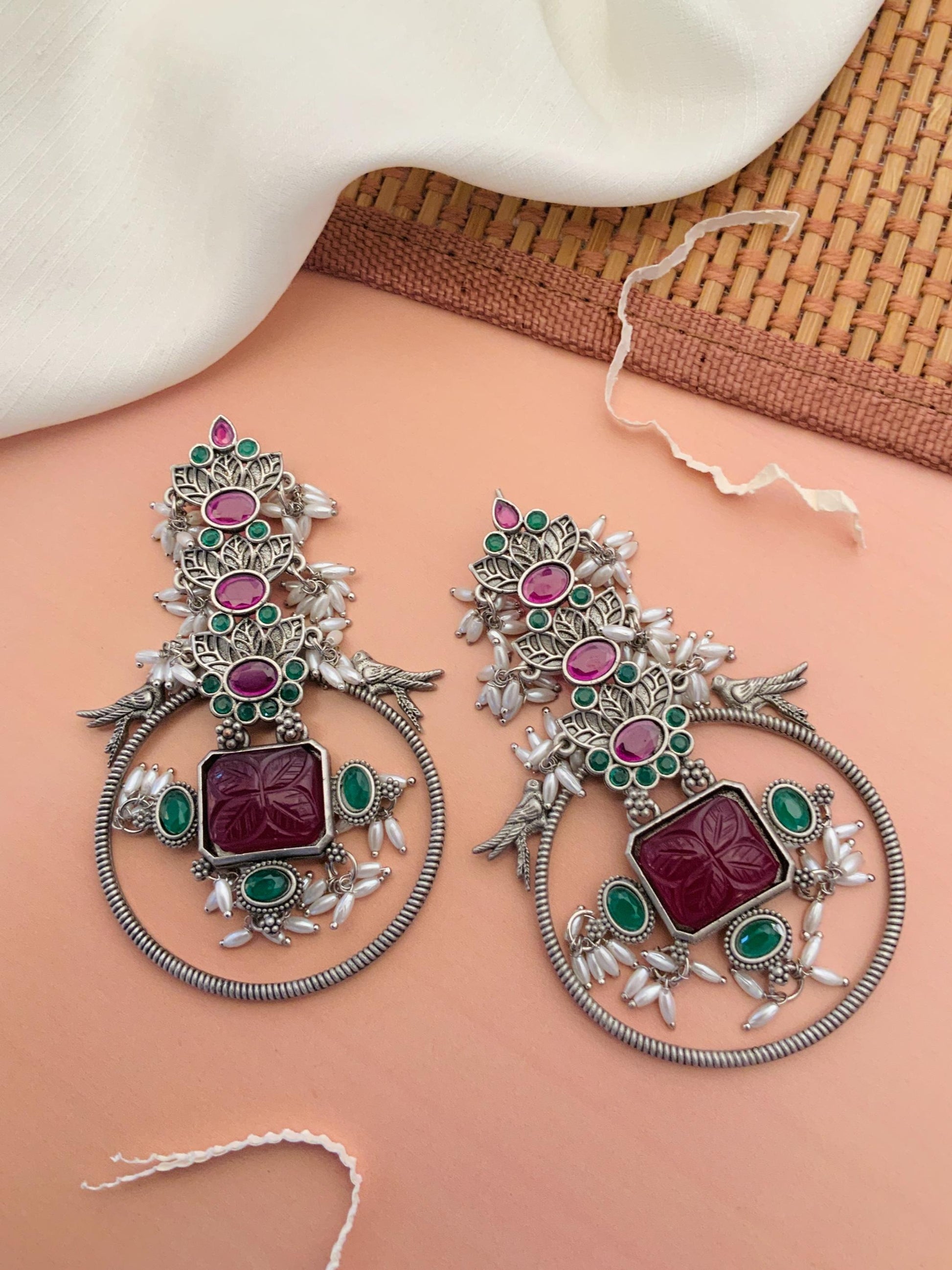 Abdesignsjewellery Premium Long German Silver Earrings with intricate floral design and embedded pink and green stones