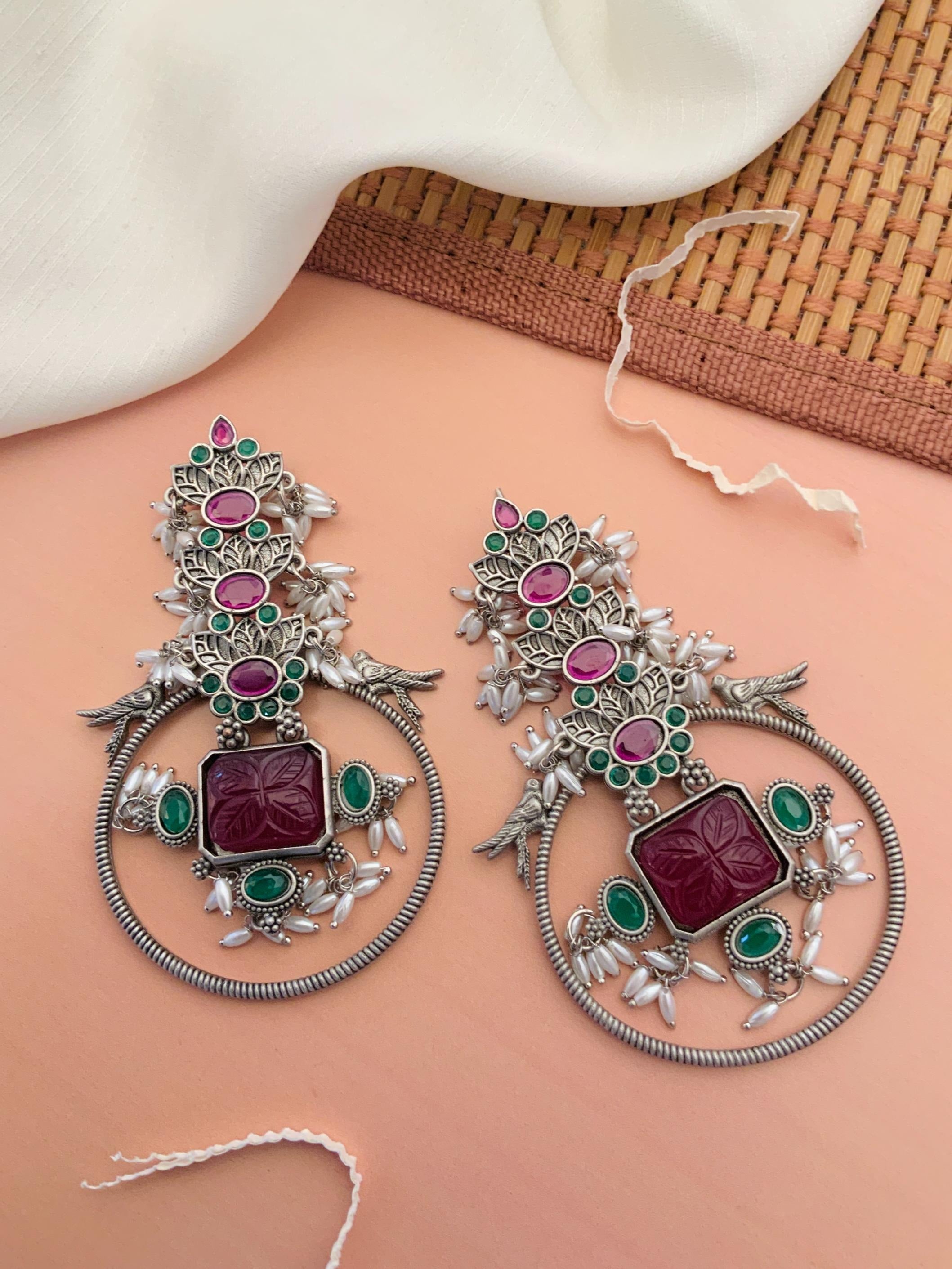 Abdesignsjewellery Premium Long German Silver Earrings with intricate floral design and embedded pink and green stones