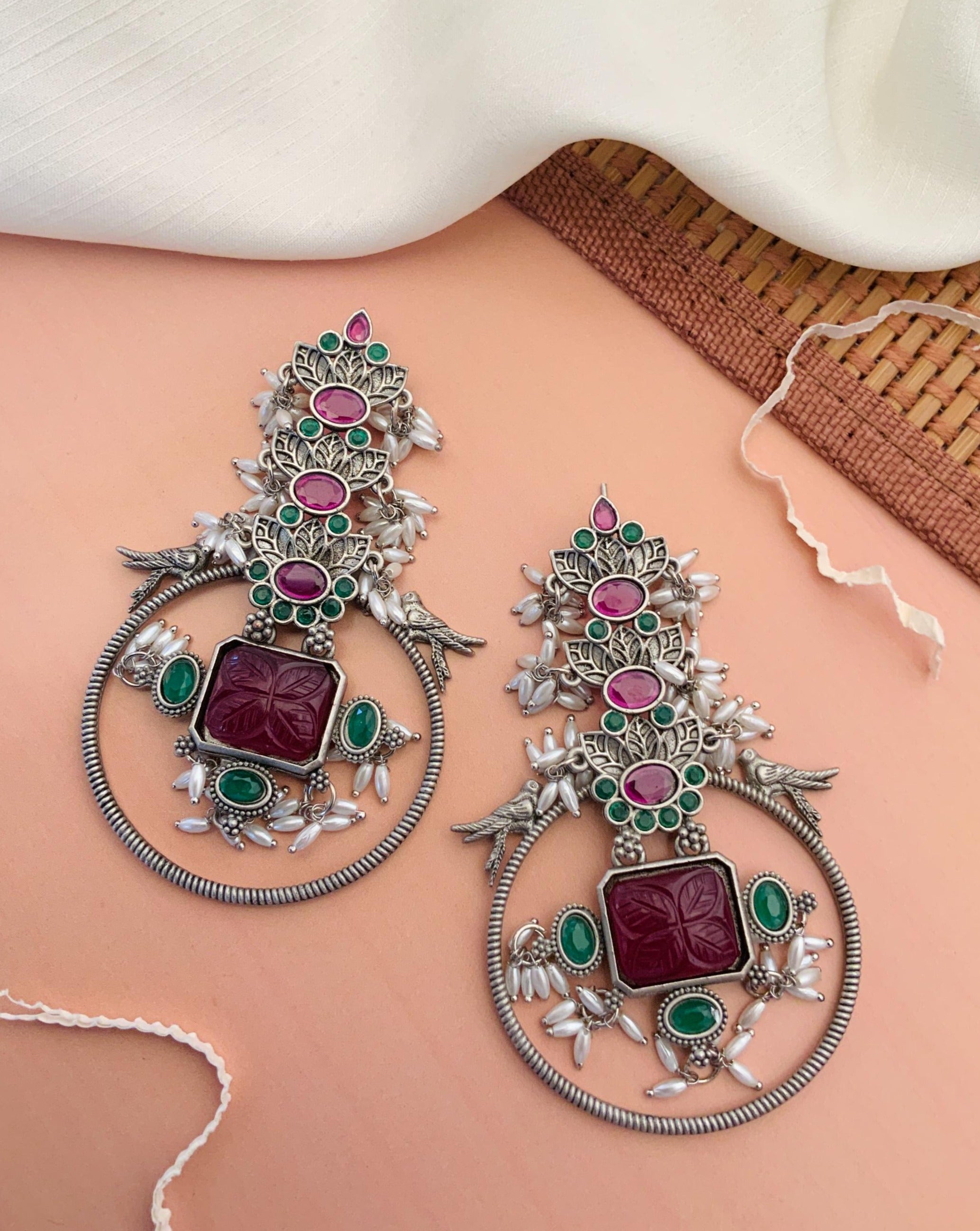 Premium Long German Silver Earrings by Abdesignsjewellery with intricate floral design and colorful gemstones