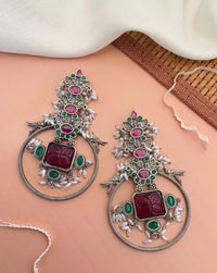 Thumbnail for Premium Long German Silver Earrings by Abdesignsjewellery with intricate floral design and colorful gemstones
