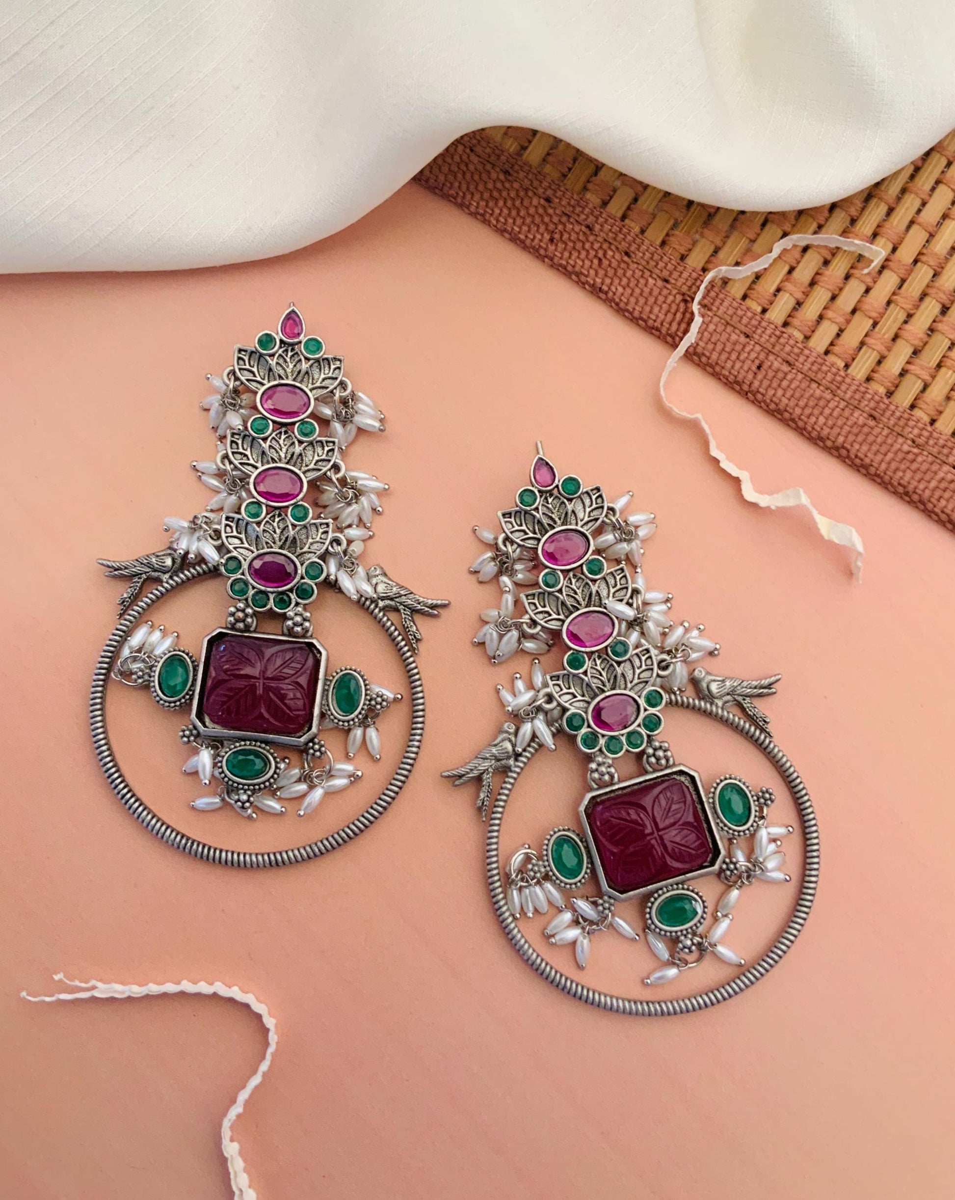 Abdesignsjewellery Premium Long German Silver Earrings with intricate floral design and colorful stone accents