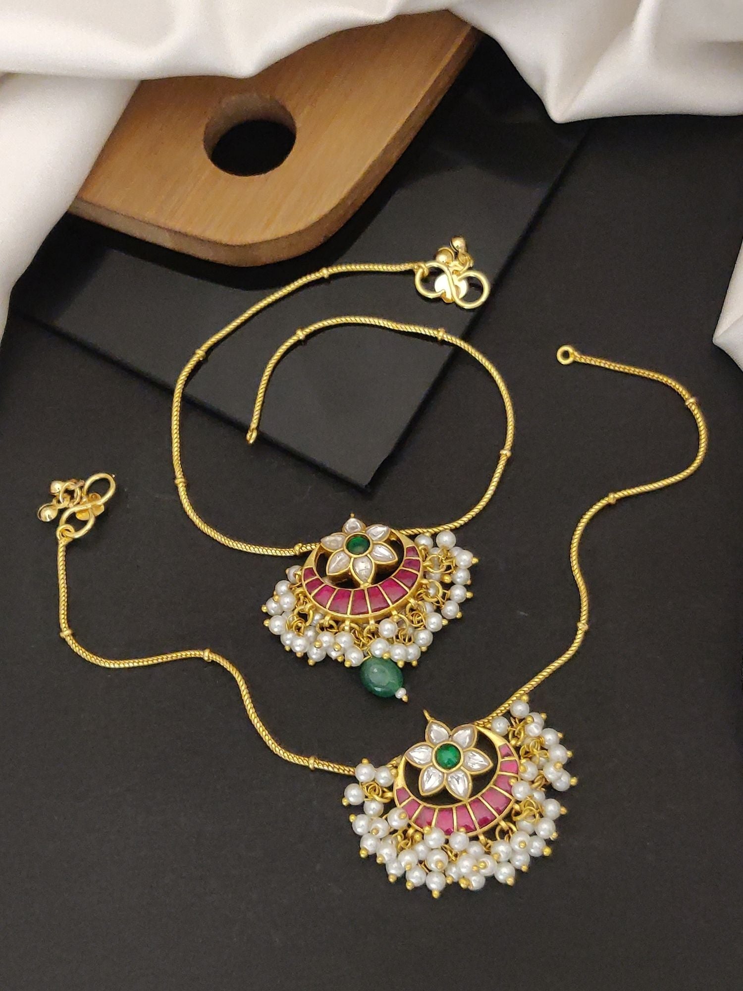 Abdesignsjewellery Premium Quality Over size Gold Plated Pachi Kundan Anklets. Gold pair with pink enamel green stones and pearls