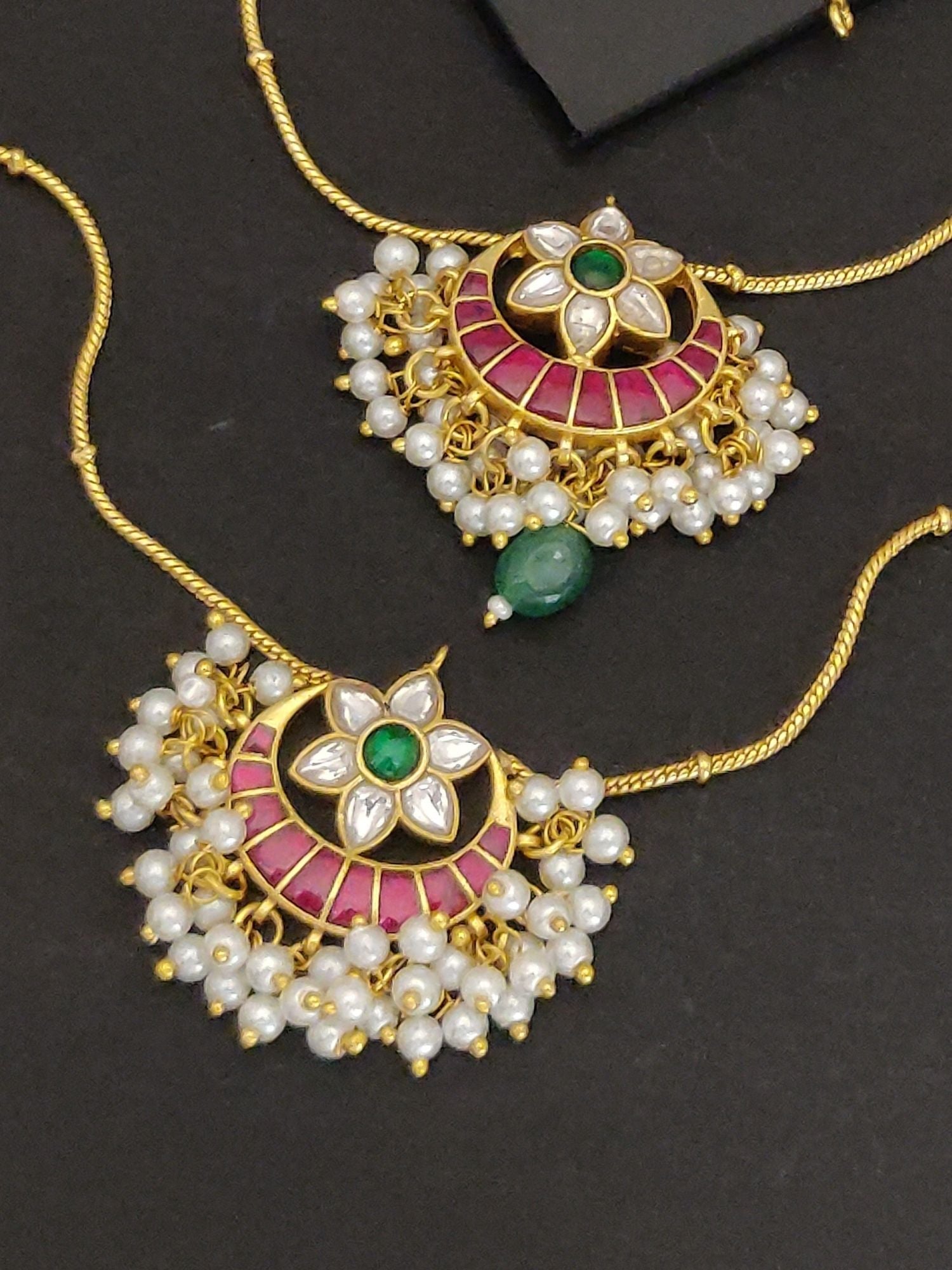 Premium Quality Over size Gold Plated Pachi Kundan Anklets. Abdesignsjewellery pair with pink enamel green stones and pearl fringe