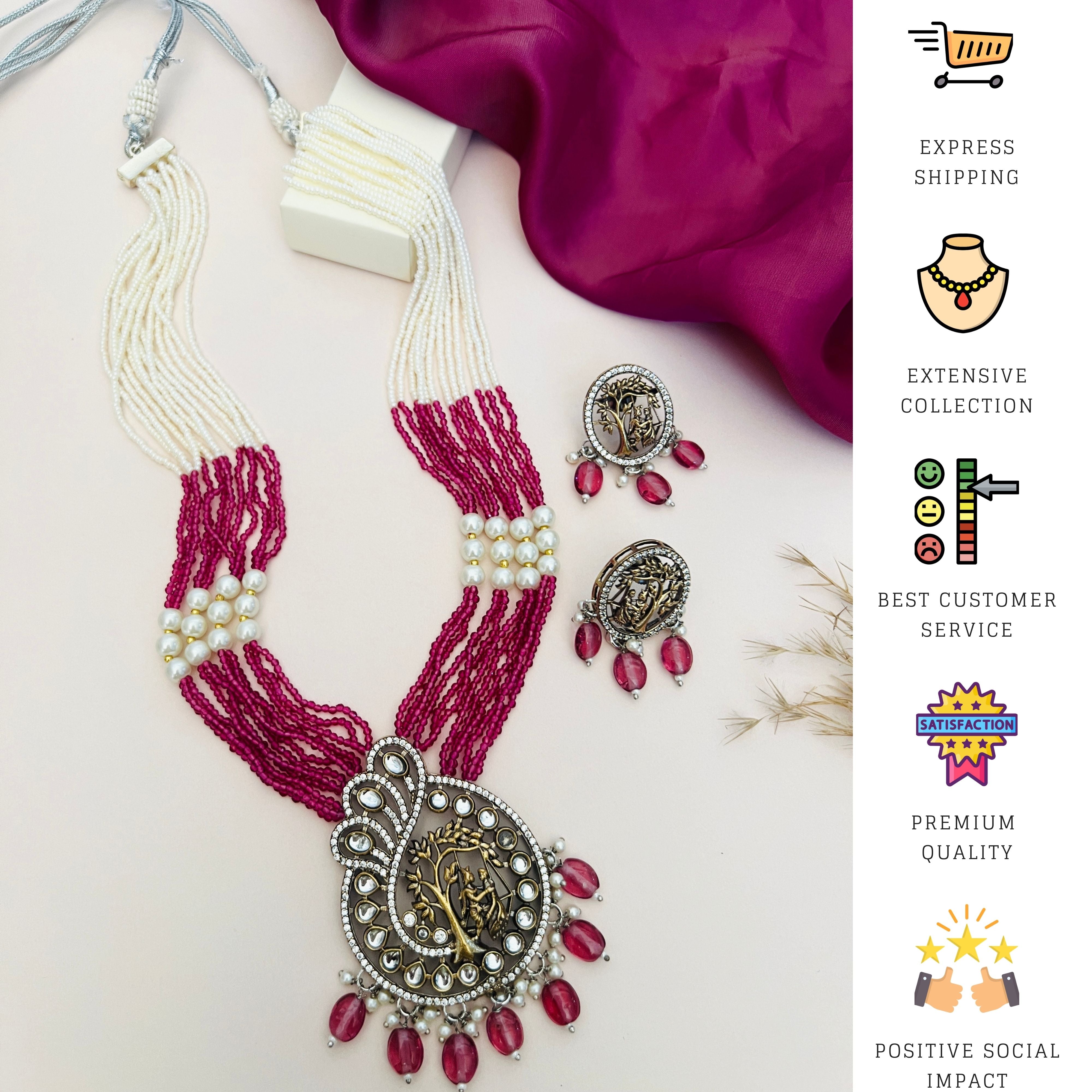 Radha Krishna Temple Beaded Mala Necklace Set with red and white beads and intricate silver pendant and matching earrings