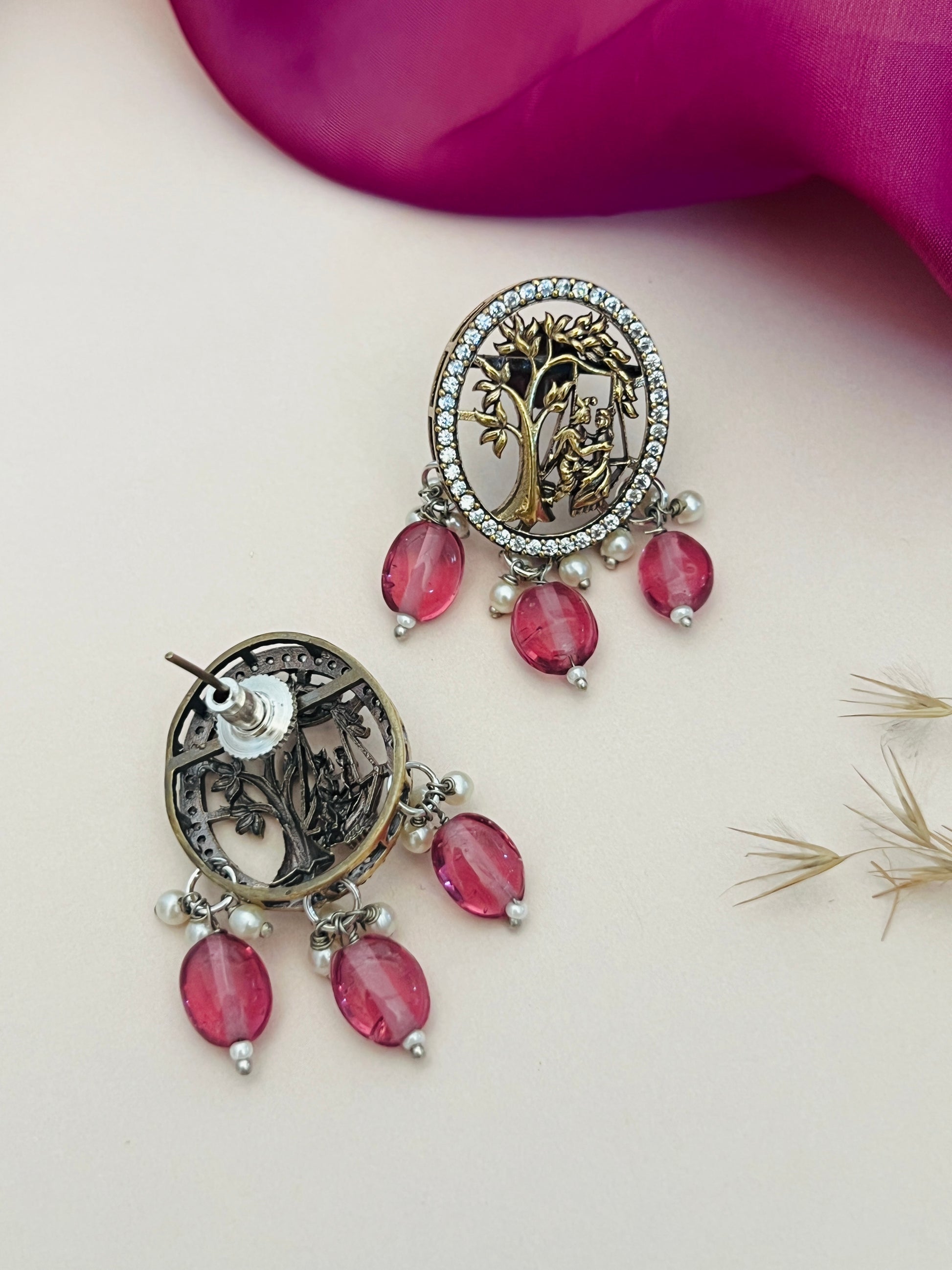 Abdesignsjewellery Radha Krishna Temple Beaded Mala Necklace Set featuring intricate temple design and pink beads