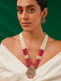 Thumbnail for Radha Krishna Temple Beaded Mala Necklace Set with white and pink beads and ornate pendant by Abdesignsjewellery