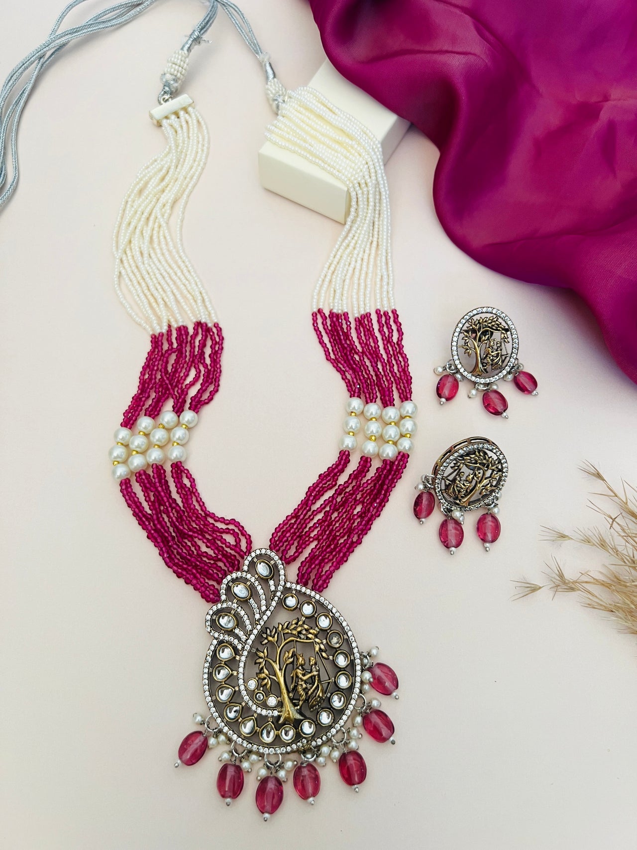Abdesignsjewellery Radha Krishna Temple Beaded Mala Necklace Set with white and red beads and decorative pendant with matching earrings