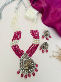 Thumbnail for Abdesignsjewellery Radha Krishna Temple Beaded Mala Necklace Set with white and red beads and decorative pendant with matching earrings