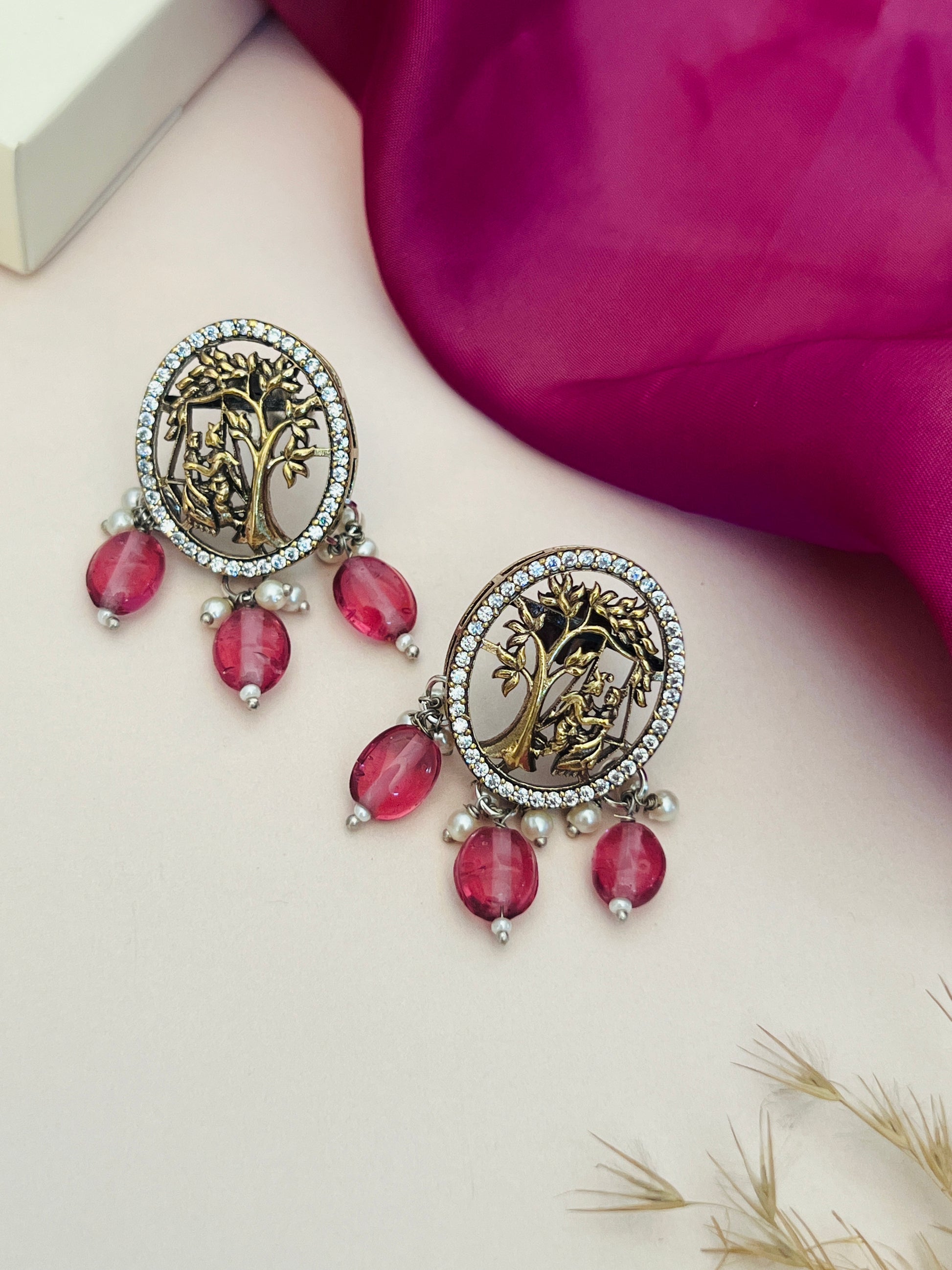 Abdesignsjewellery Radha Krishna Temple Beaded Mala Necklace Set with intricate gold design and red beads