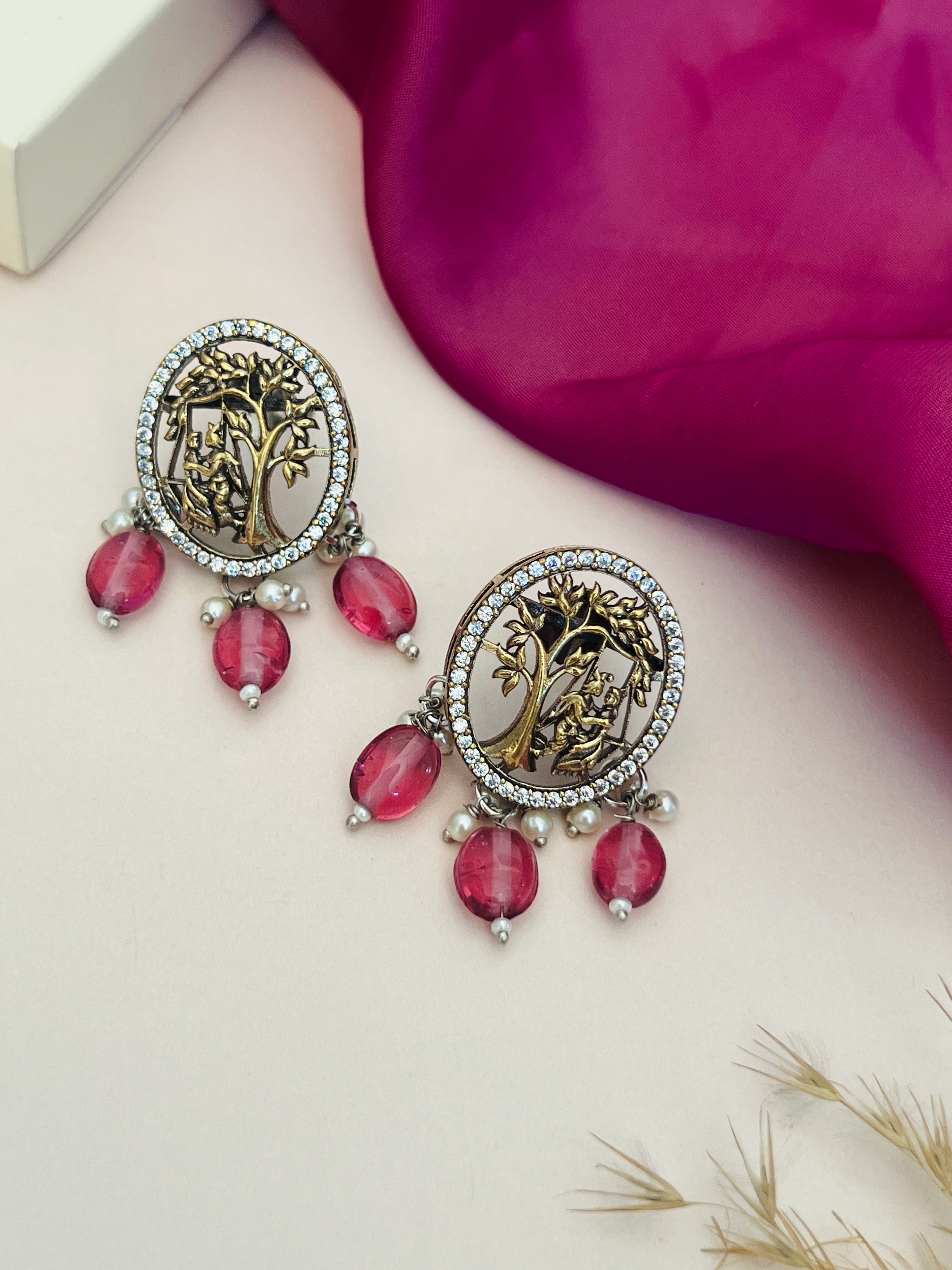 Abdesignsjewellery Radha Krishna Temple Beaded Mala Necklace Set with intricate gold design and red beads