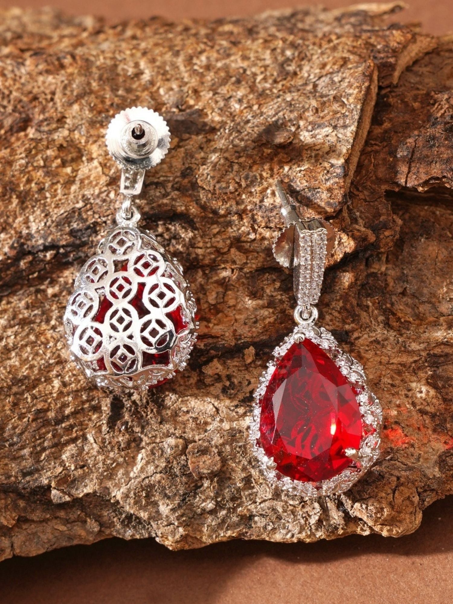 Abdesignsjewellery silver filigree earrings with pear shaped red gemstone and halo red drop earrings for women