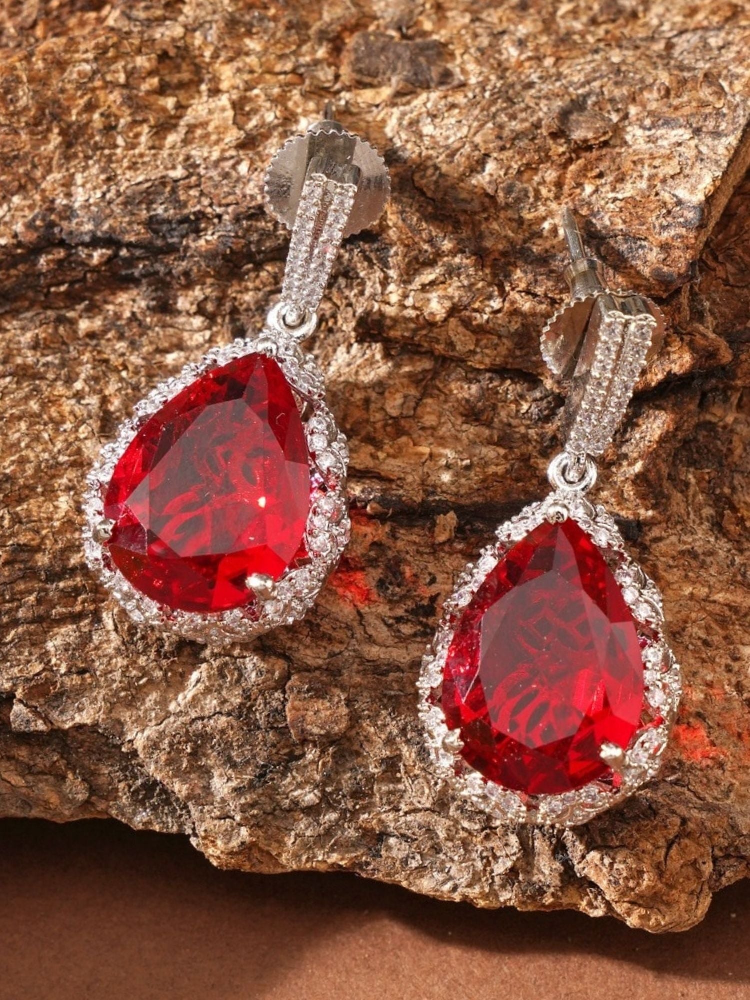 Abdesignsjewellery red drop earrings for women teardrop red gemstone with halo crystals and silver stud setting
